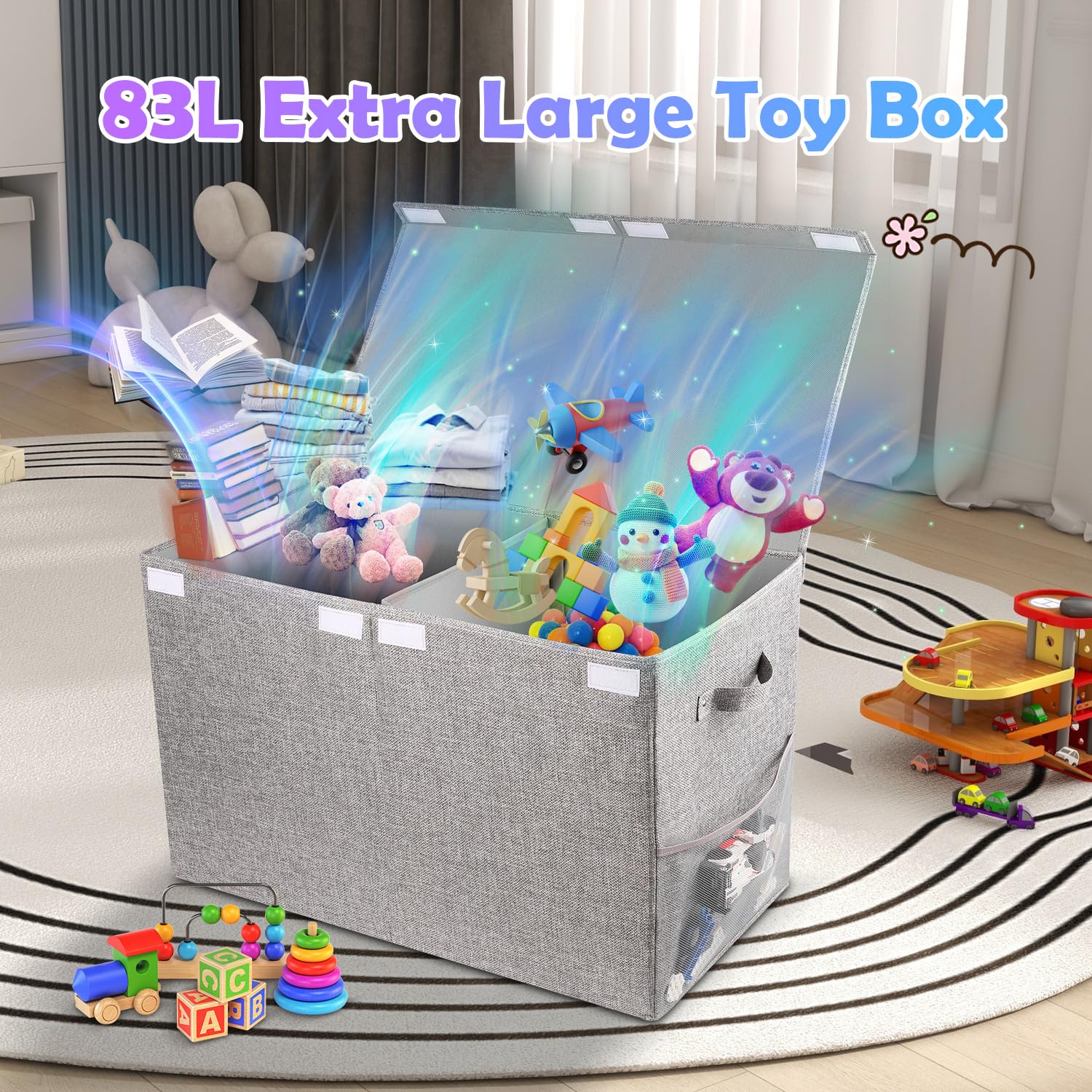 Fineonly Large Toy Box Chest with Lid, Kids Toy Storage Organizer for Boys Girls, Big Toy Bin Basket Extra Large Toy Storage Box for Living Room Playroom Nursery 25