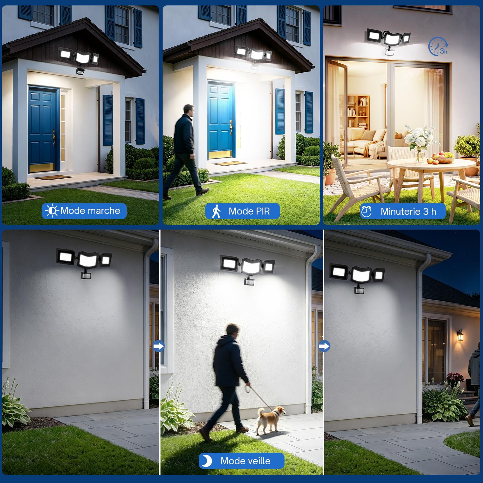 Projecteur LED avec détecteur de mouvement extérieur 100 W, 3 têtes