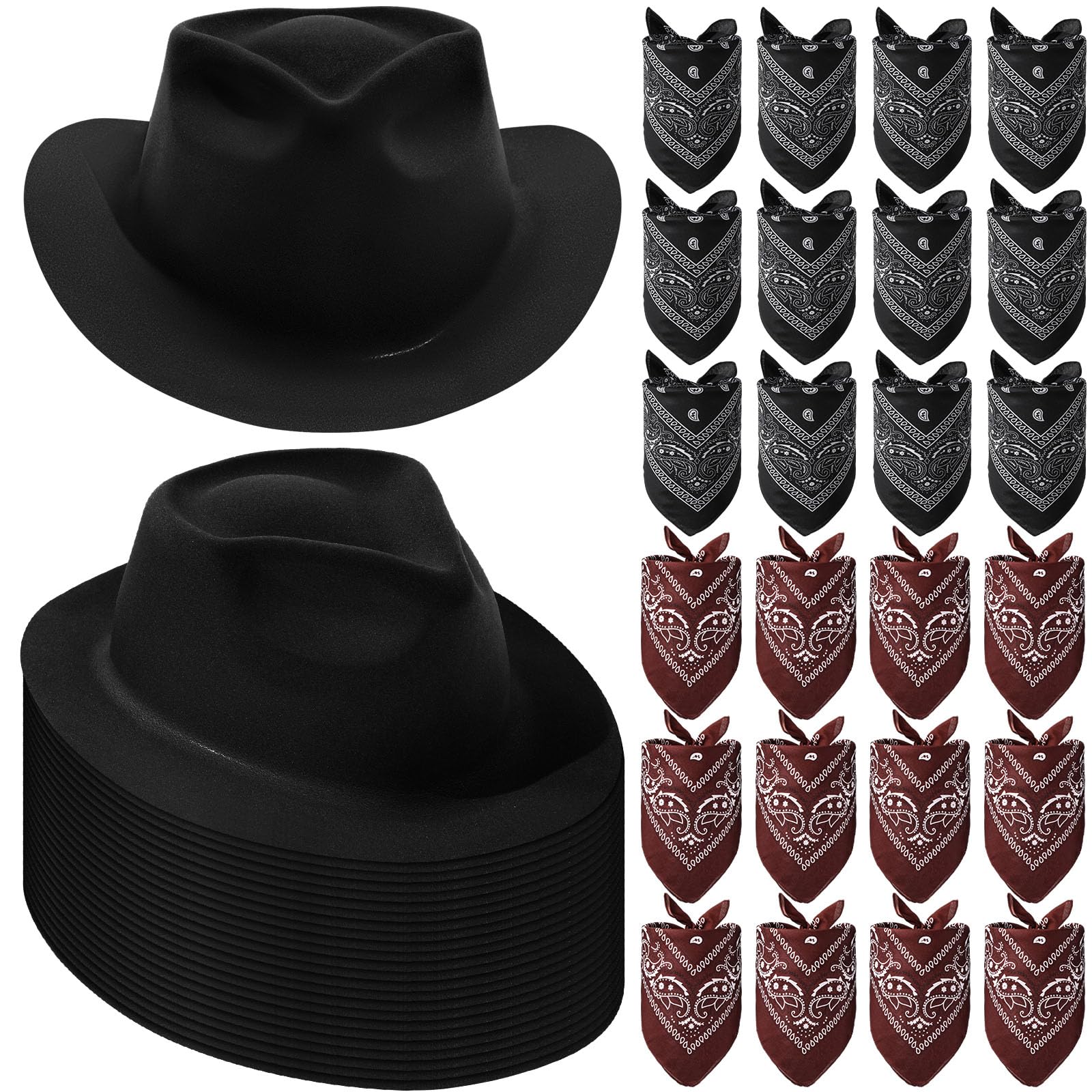 Hillban 48 Pack Cowboy Hat and Bandana Set, Cowgirl Hats for Boys Girls Felt Cowboy Party Hat Western Bandanas for Party
