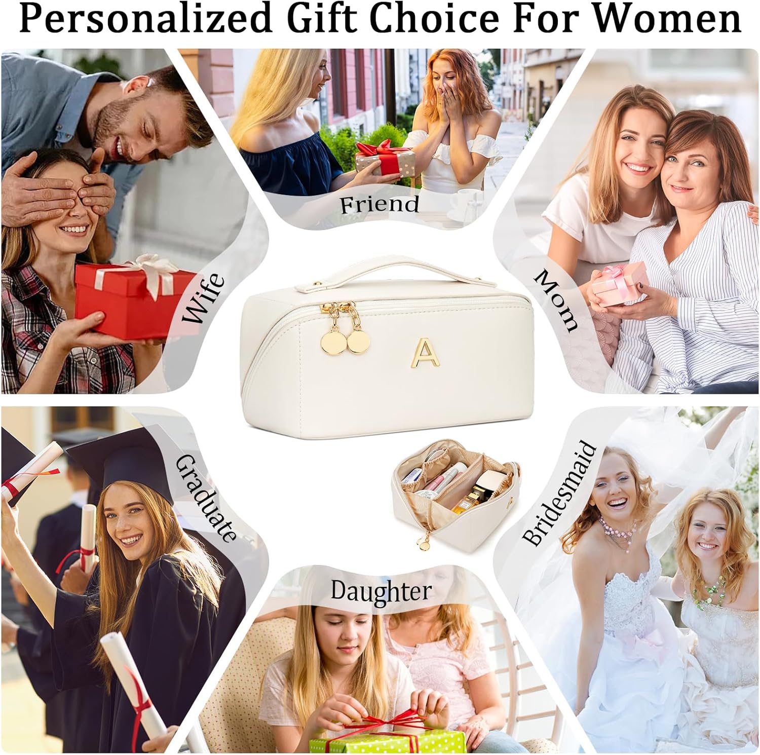 Gifts for Women Bridesmaid Gifts Personalized Initial Makeup Bag PU Leather Cosmetic Waterproof Travel Toiletry Bag (Medium) - Image 4