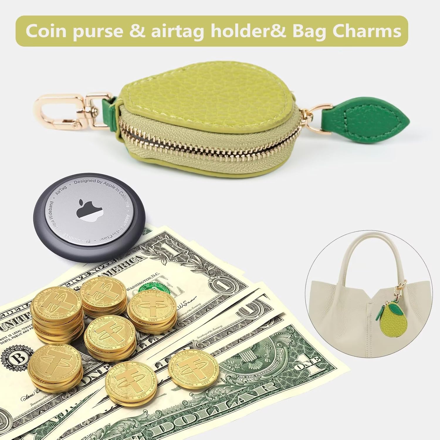 Cute Fruit Coin Purse Bag Charm,Mini Leather Coin Change Purse & Pouch Holder Keychain Charm for Handbag Tote Wallet Airtag Accessories,Kawaii Fruit Bag Charms for Girl Women Avocado - Image 4