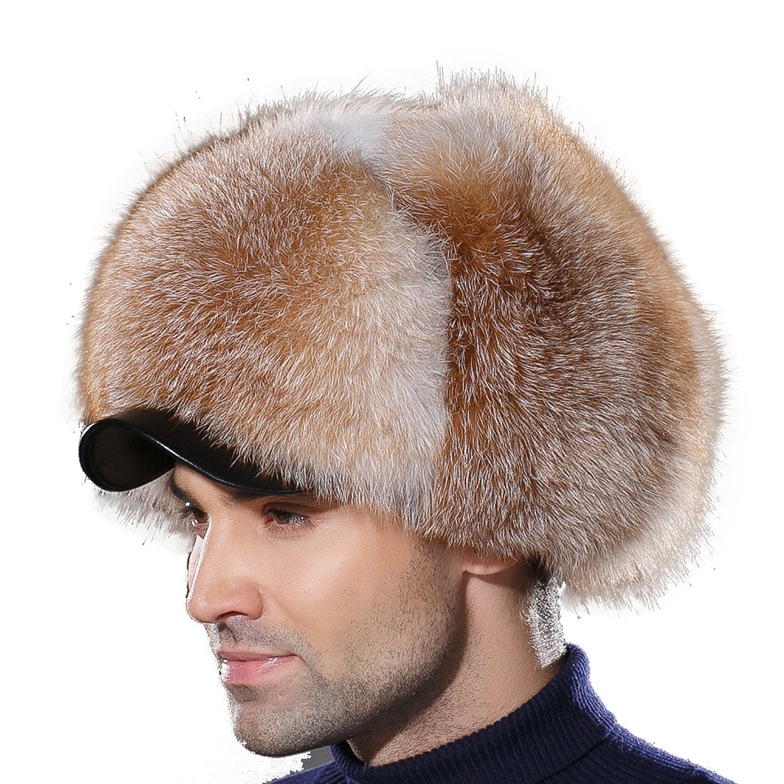 URSFUR Russian Trapper Hat Leather Winter Men Silver Blue Fox Visors Cap