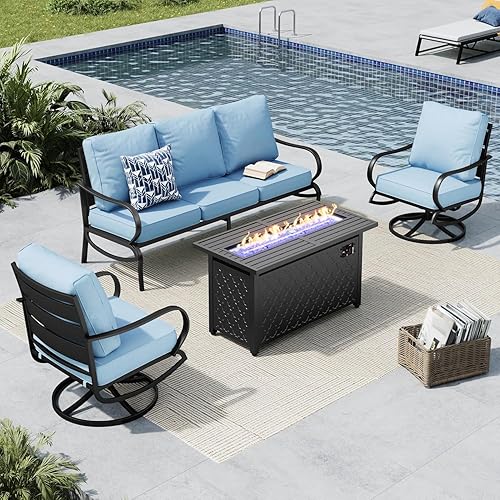 Miniatura 24 de MFSTUDIO Juegos de muebles de patio con mesa de fogata de gas de 45 pulgadas, 8 piezas de conversación de metal para exteriores con 1 sofá de 3