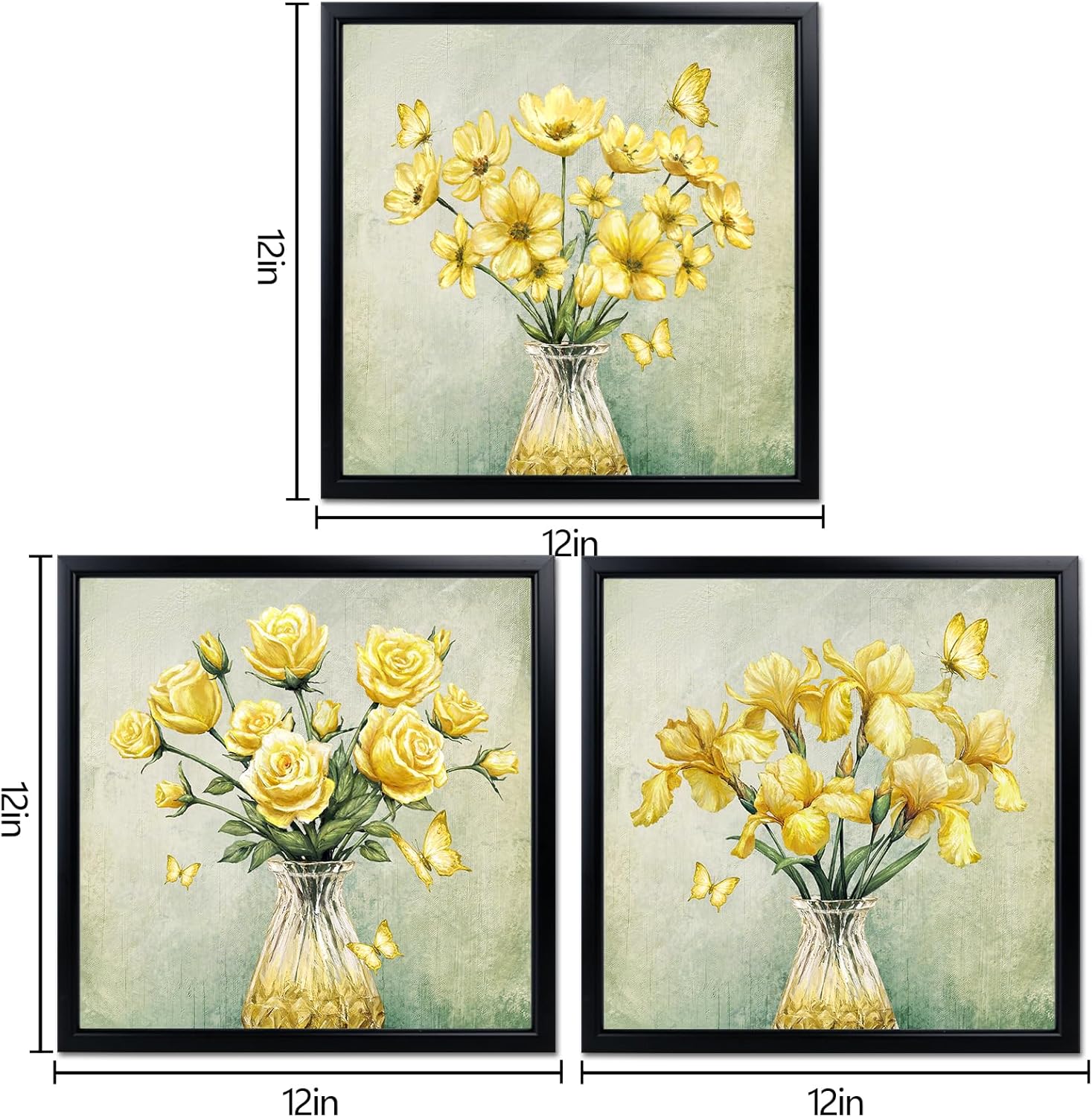 HOMEOART Flower Wall Prints Butterfly Wall Art Bathroom Wall Decor Picture, Set of 3, Black Frame 12x12 inch (Yellow)