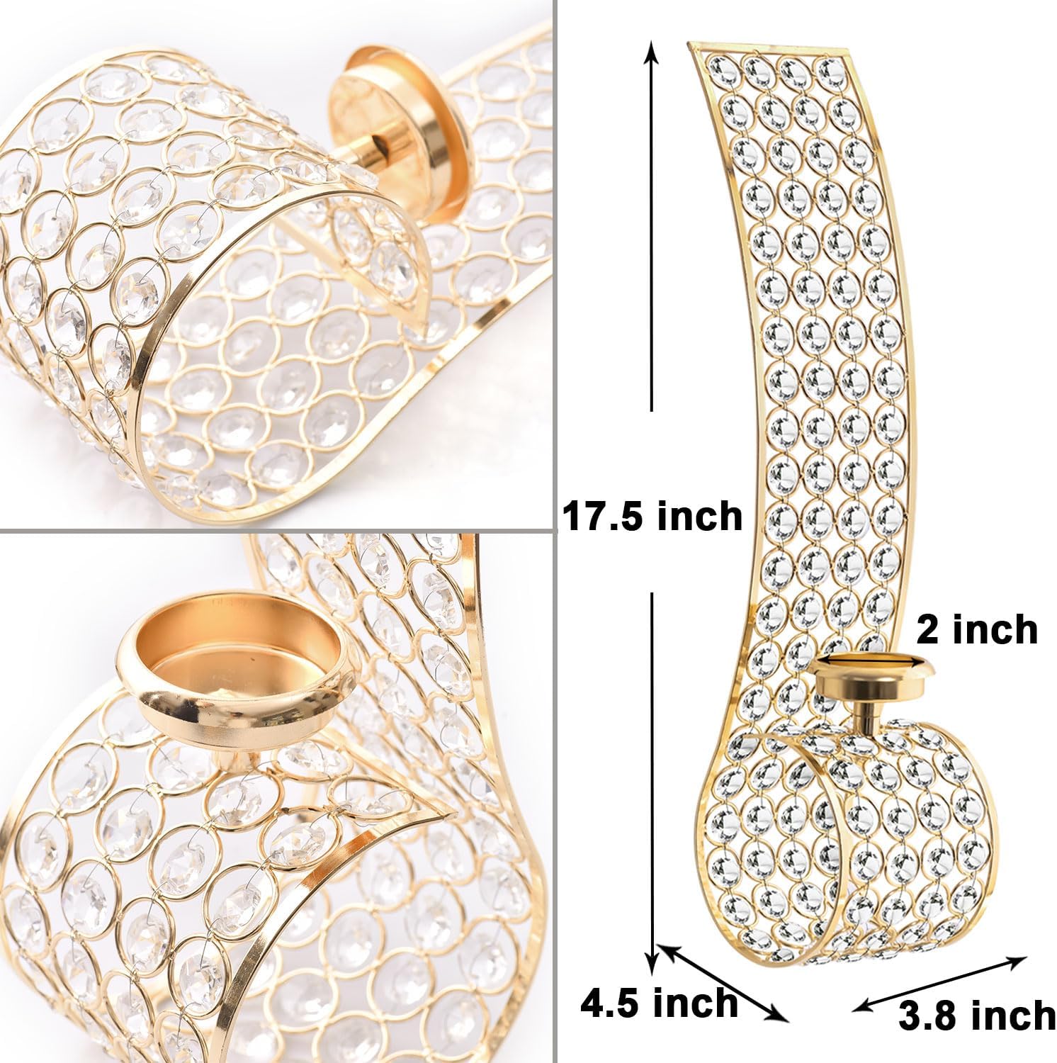 Crystal Wall Candle Sconces Gold Tealight Candle Holder for Wall Bead Metal Candle Centerpiece Décor for Party Wedding Anniversary, Set of 2