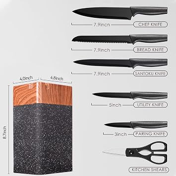 ACMETOP Knife Set, 7 Piece High Carbon Stainless Steel Kitchen Knife Block Set with Built in Sharpener, Black