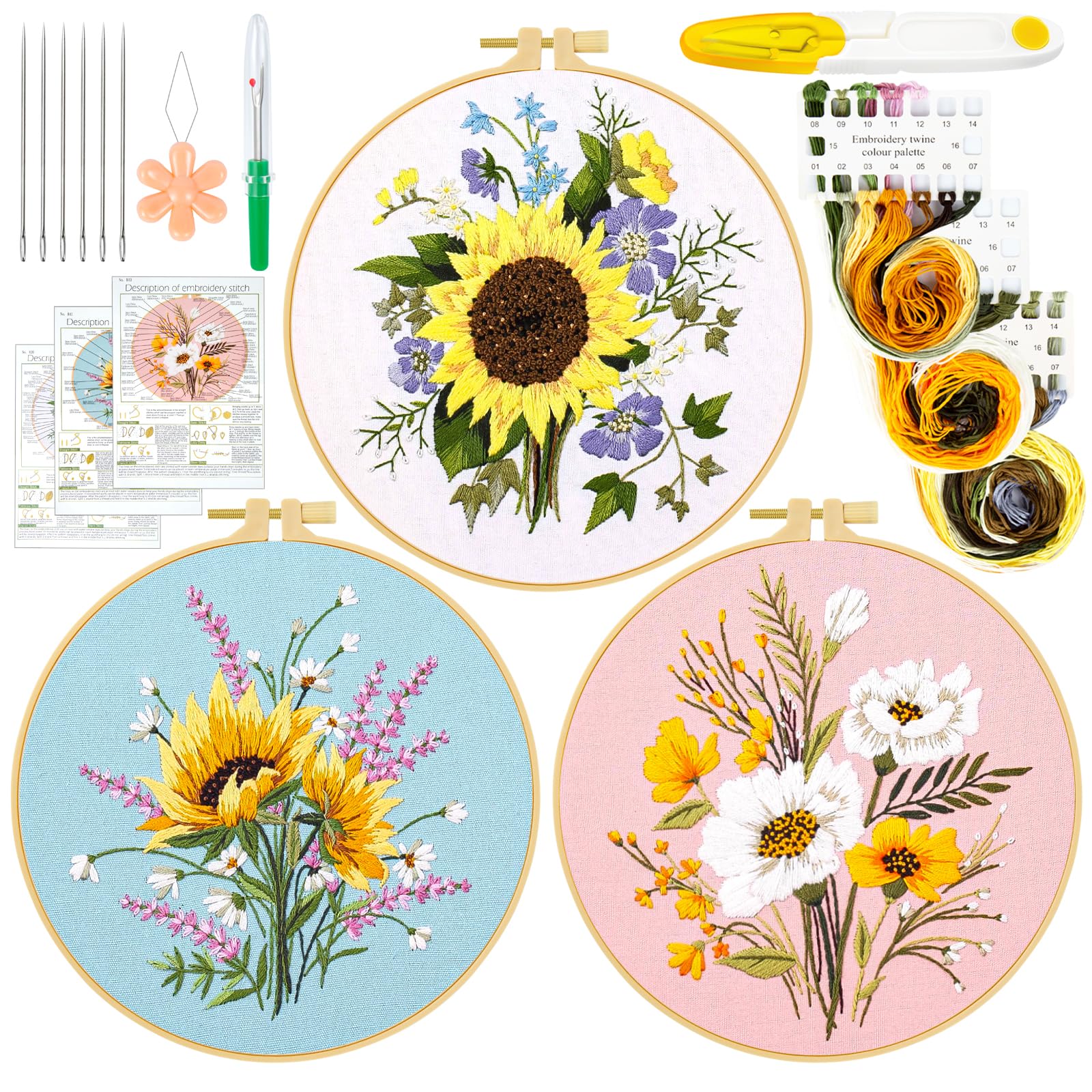 Embroidery Kit for Beginners - 3 Sets, Hoop Included -8 Embroidery Kit for Beginners - 3 Sets, Hoop Included -8