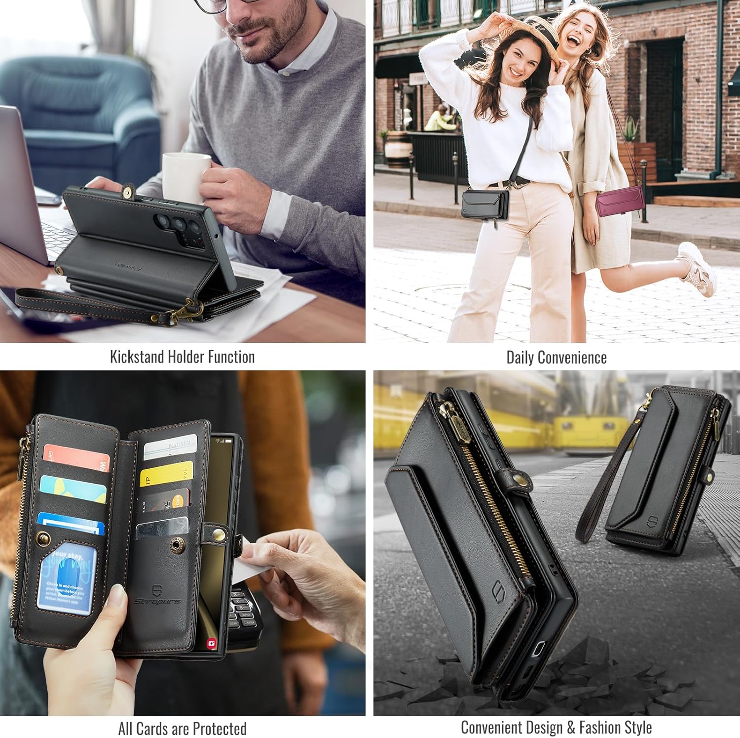 Strapurs Wallet Case Compatible with Samsung Galaxy S25 Ultra 5G RFID Blocking 10-Card Holder Soft PU Leather Magnetic Snap Strap Zipper Pocket Phone Case Fit for Galaxy S25 Ultra - Black