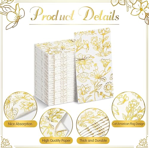 Miniatura 3 de Pasimy 100 servilletas de papel dorado desechables para invitados, servilletas de cóctel de papel floral, elegantes toallas de mano para cena,