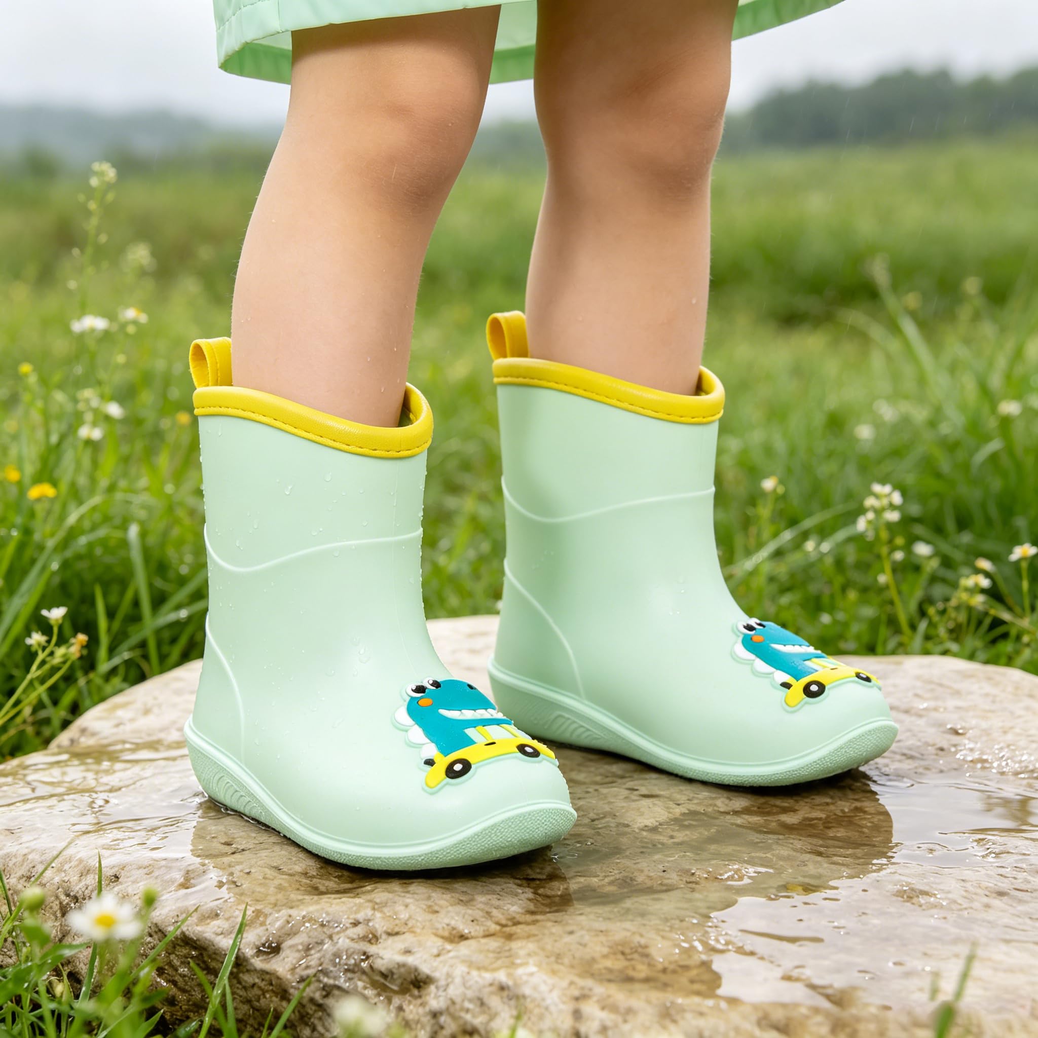 FUNCOO PLUS Baby-Gummistiefel für Jungen und Mädchen, leichte Kinder-Gummistiefel, Tier-Cartoon-Muster-Gummistiefel, Kleinkind-Regenstiefel, Gummistiefel, wasserdichte Stiefel für 1-6 Jahre