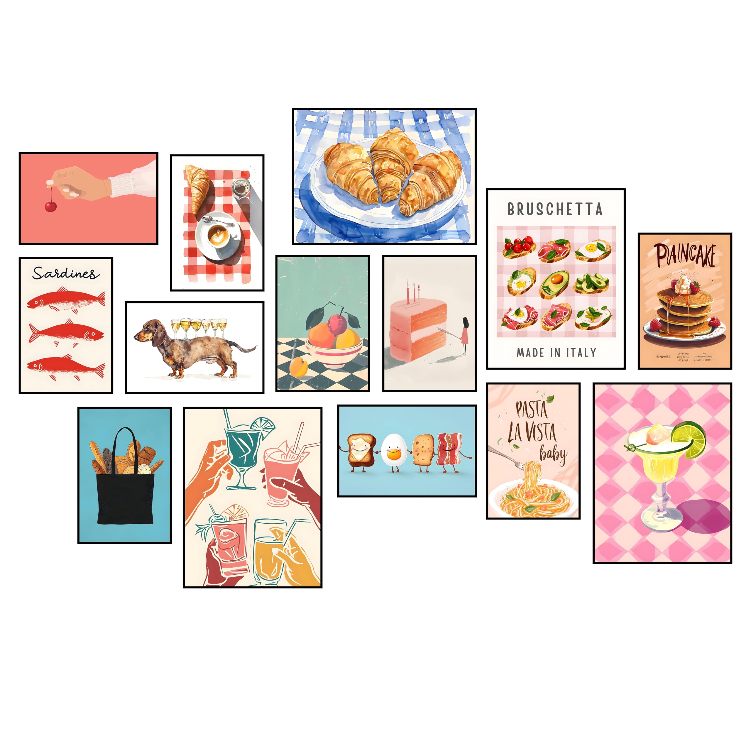 IspacKIspacK Kitchen Gallery Wall Set of 14, Kitchen Wall Art, Food Prints, Modern Kitchen Decor, Dining Room Wall Art, Trendy Kitchen Decor (Food 01 Unframed, (12x18x4)+(8x12x10))