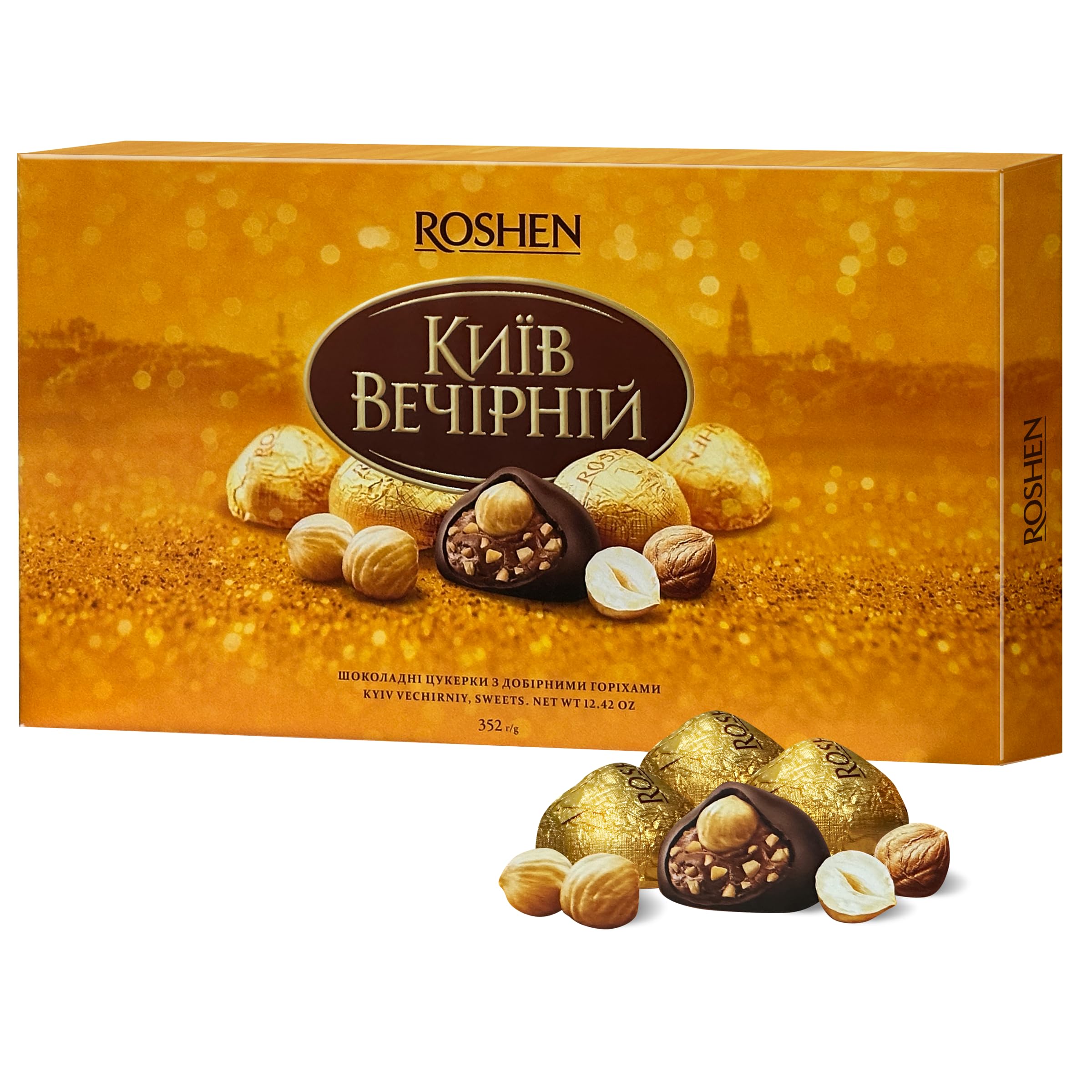 Roshen Kiev Vecherniy Chocolate Candy with Chopped and Hazelnuts Coating, Premium Gift Box 12.42oz/352 grams