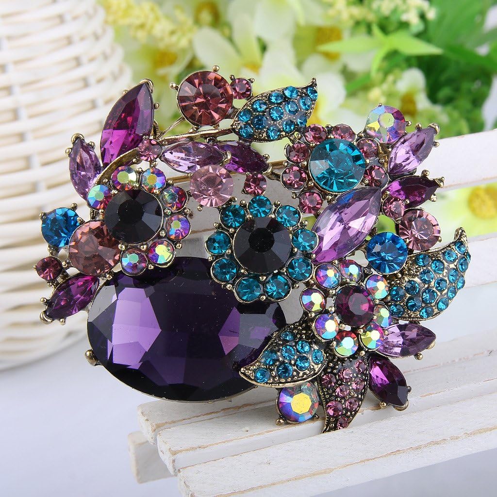 EVER FAITH Rhinestone Crystal Party Flower Leaf Vine Brooch - Image 3