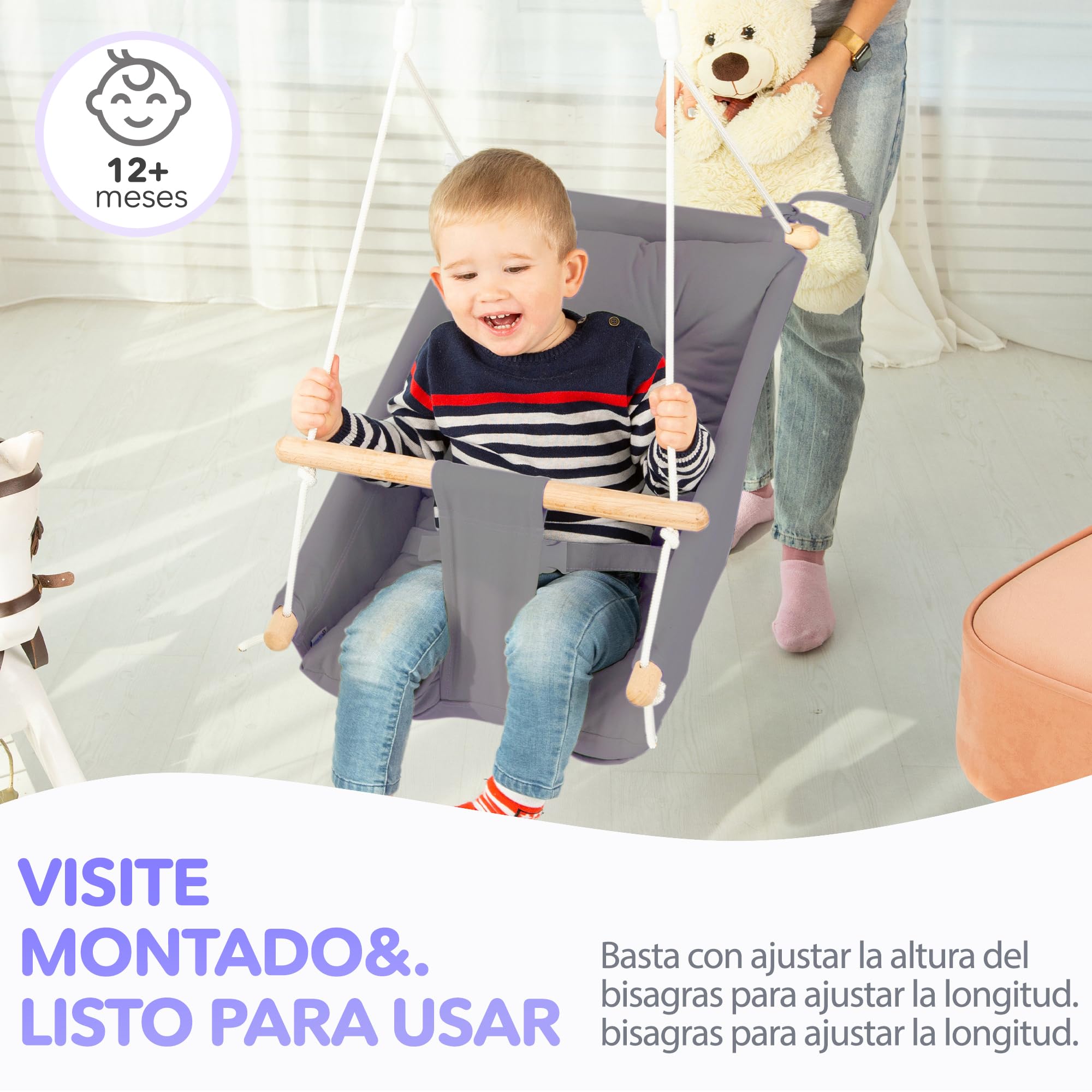 Columpio de Lona Baby by Cateam - Gris - Silla Columpio de Madera para bebé con cinturón de Seguridad y herrajes de Montaje. Bebé Hamaca Silla Regalo de cumpleaños.