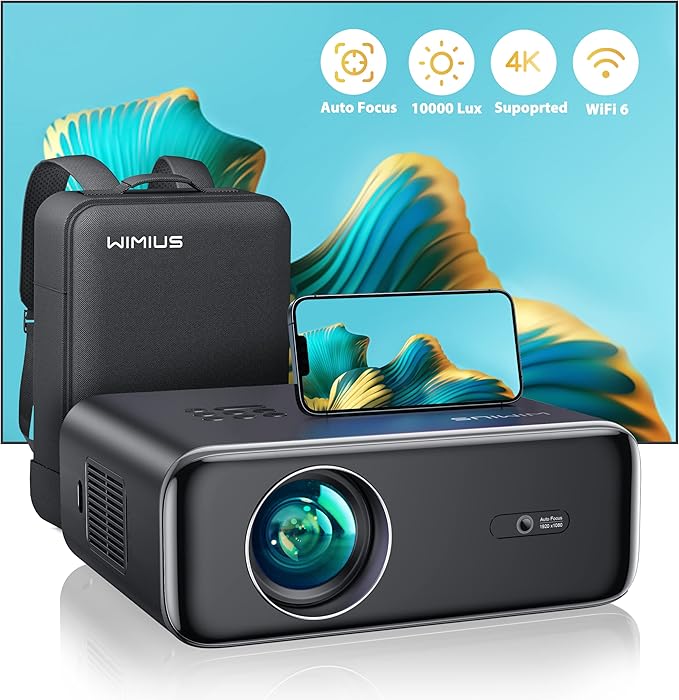 【Auto Focus/Keystone】 Proyector 4K WiFi Bluetooth 35000 Lúmenes Full HD 1080P, WiMiUS Proyector 4K Soporte Zoom 50% Proyectors Portátil WiFi6 Cine en Casa/Exterior para Teléfono/TV Stick/PS5 HDMI USB