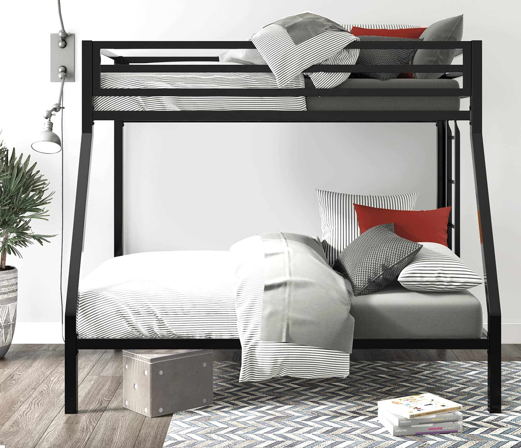 SHA CERLIN Metal Bunk Bed Twin Over Full Size with Removable Stairs, Heavy Duty Sturdy Frame with 12" Underbed Storage for Teen & Adults, Teens, No Box Spring Needed, Black (Box 1 of 2 Only)
