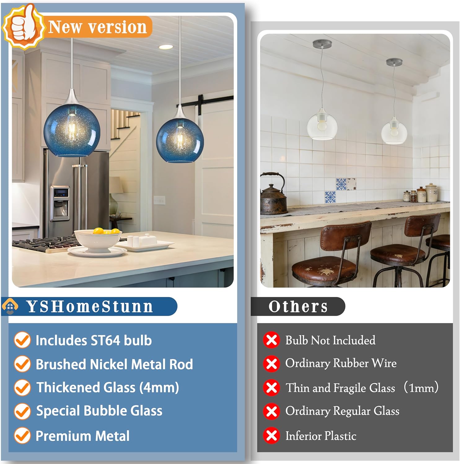 10" Blue Glass Modern Pendant Light Kitchen Island Mid Century Brushed Nickel Modern Pendant Lighting with Glass Globe Modern Hanging Pendant Light for Dining Room Foyer（Bulb Incl.）