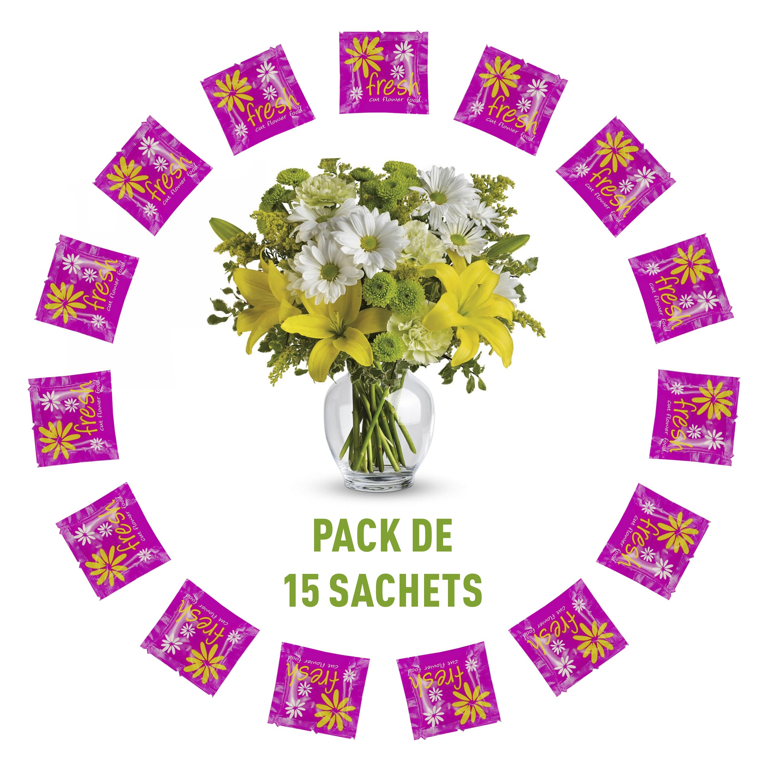 Paquet de 15 conservateurs de fleurs coupées, nutriment pour fleurs coupées fraîches, 15 paquets de conservateur total, 7,5 l de conservateur liquide