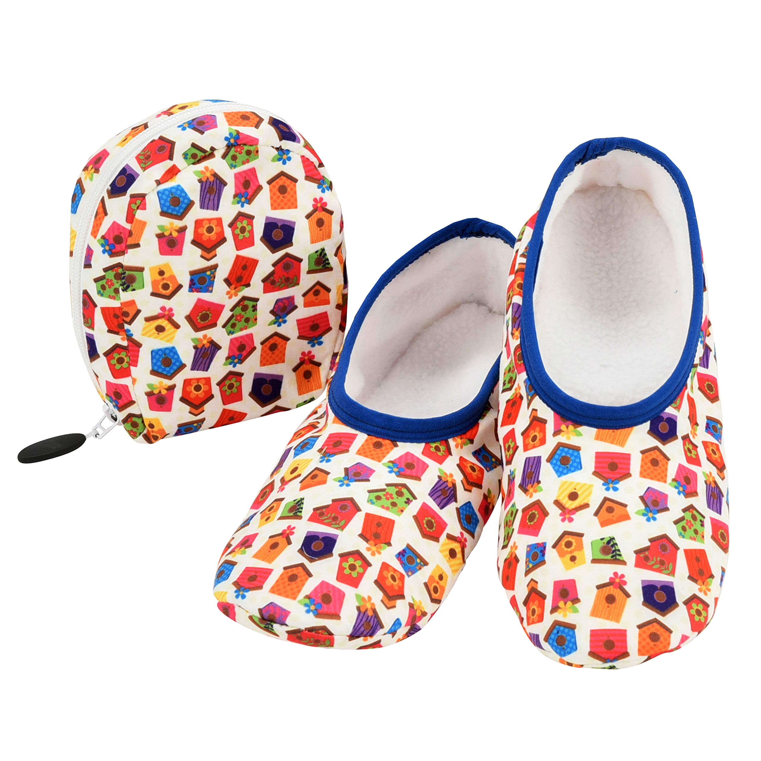 Snoozies Skinnies Packable and Foldable Travel Slippers for Women with Zipper Pouch, Soft Sherpa-Lined Slipper Socks Non-Skid (Birdhouses, Large)