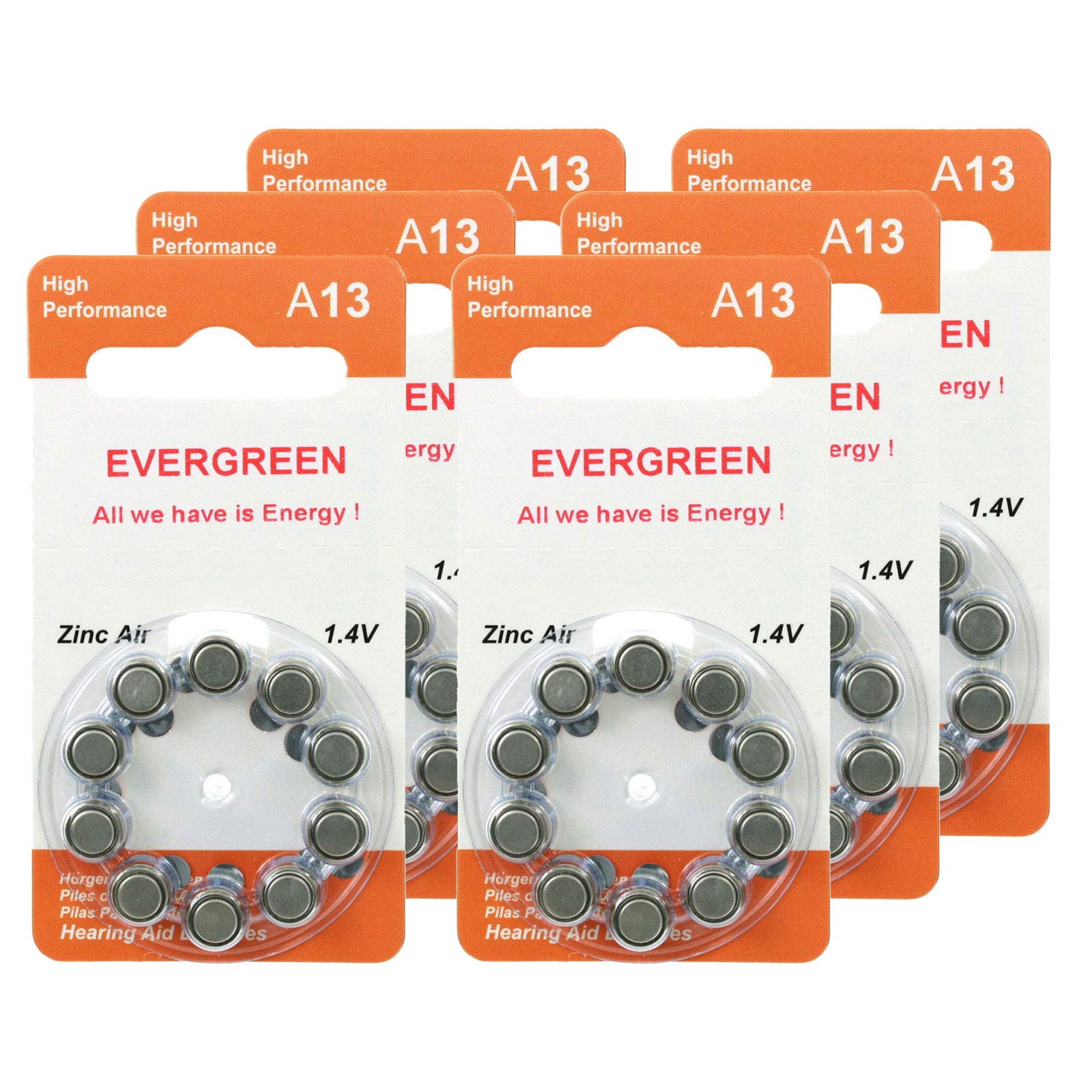 Hearing Aid Battery A13/B10_60 Evergreen 60pk, Size A13, Zinc Air