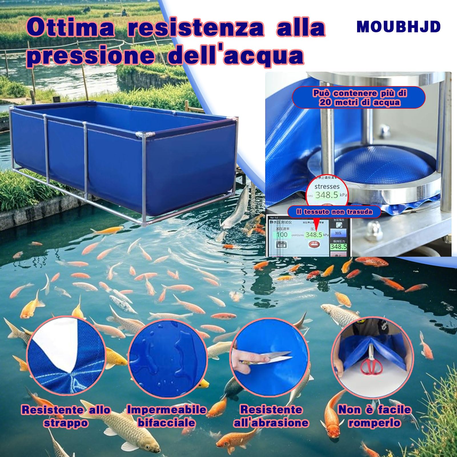 Laghetto Temporaneo in PVC per Pesci, Piscina Fuori Terra con Telaio di Acciaio, Serbatoio per Koi e Pesci Rossi, Facile Installazione