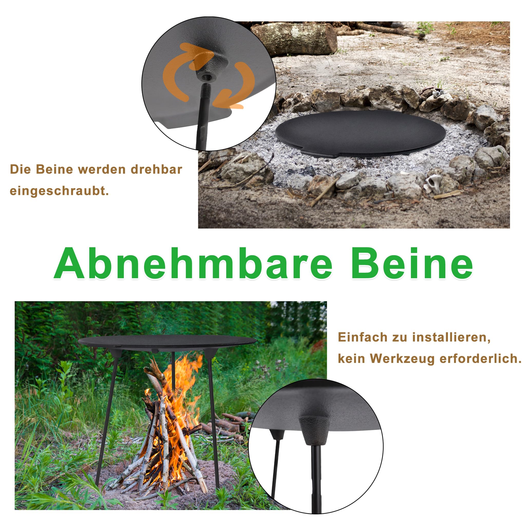 XMTECH Dutch Oven żeliwna patelnia grillowa, okrągła, Ø 45 cm, wysokość 37 cm, z 3 nogami, żeliwo, trójnożna płyta grillowa