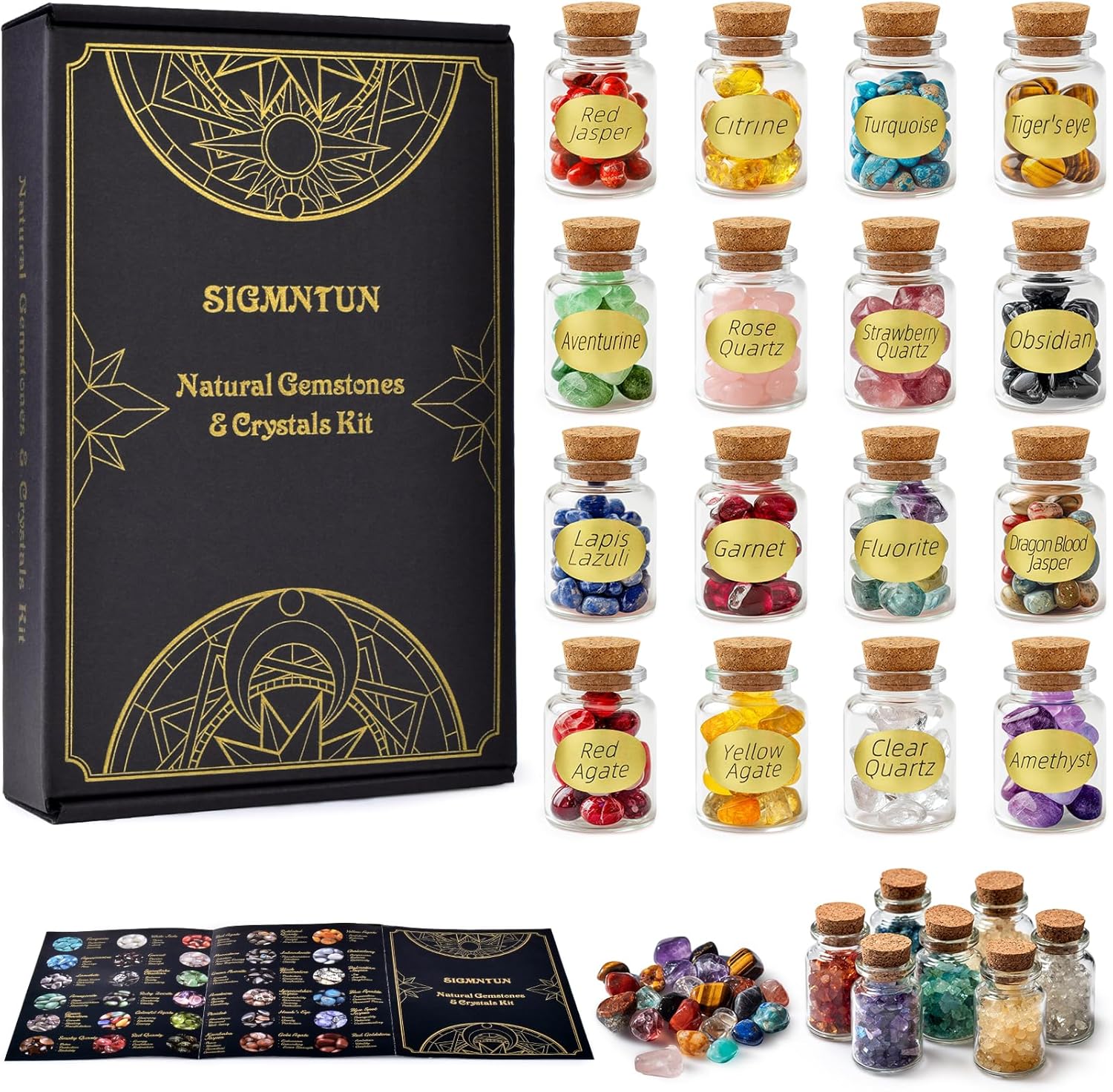 Healing Crystals in Jars 16 PCS – Polished Crystal Chips, Trinkets and Gem Stones Set – Crystals and Healing Stones for Witchcraft Supplies – Mini Gemstones – Beginner Crystal Kit