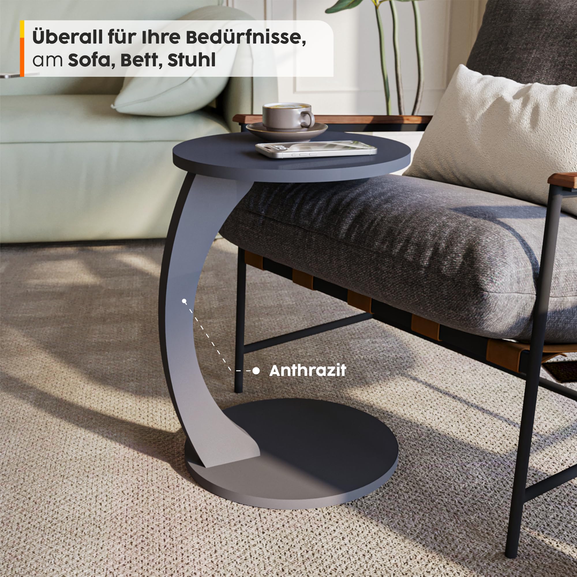 sugodesign Couchtisch mit Rollen, Kleiner Beistelltisch C Form, Beistelltisch Couch, stylischer Sofatisch in schöner Anthrazit Optik, runder Tisch als Ablagefläche für Couch und Wohnzimmer, C Form