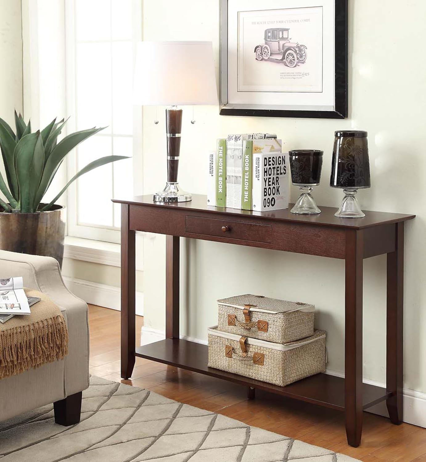 Pemberly Row Console Table, 48 in x 15 in x 30 in, Solid Pine Wood Legs, MDF Top with Stained Birchwood Veneer, Espresso Finish, Drawer Storage, Modern Style for Living Room or Entryway