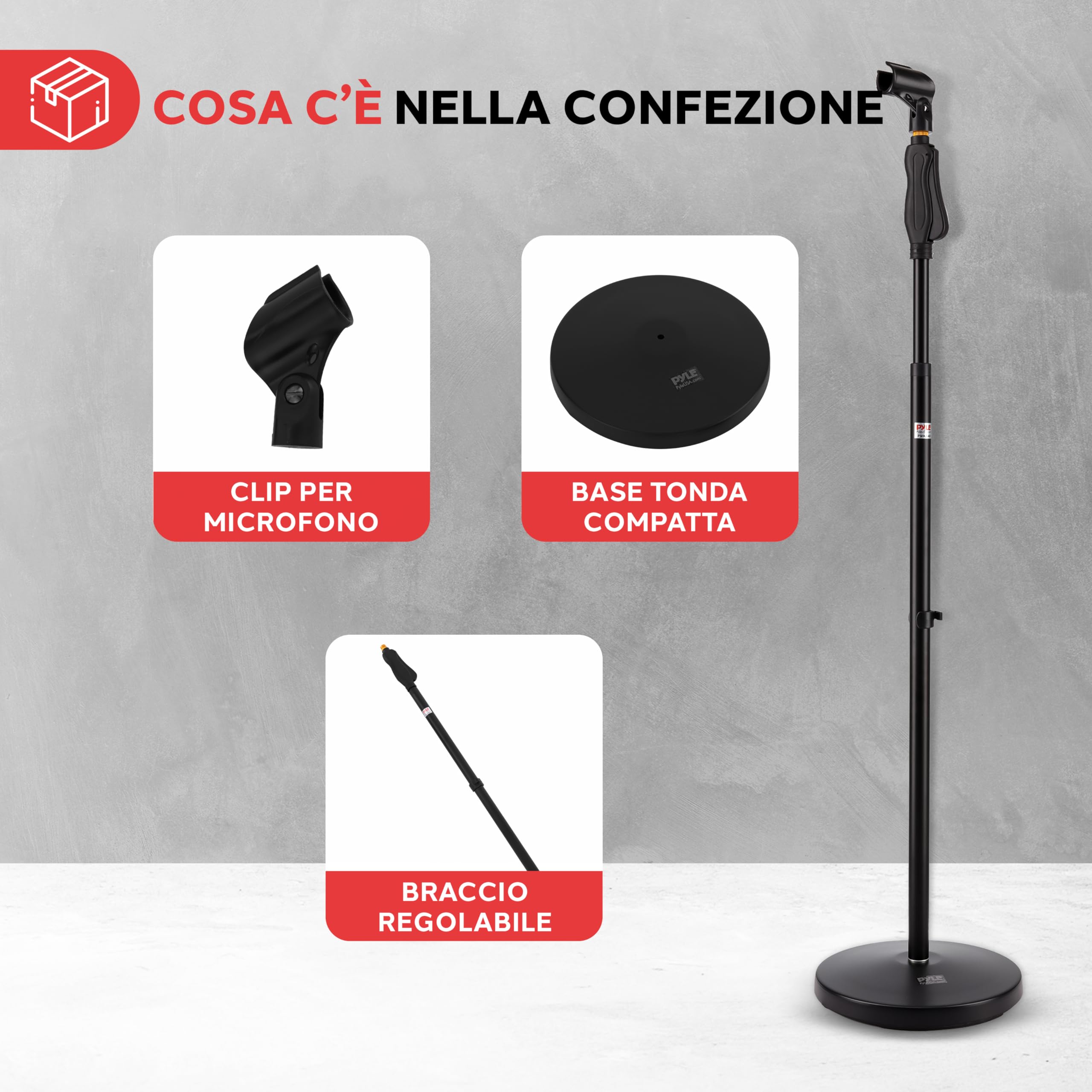 Pyle Asta Microfono, Supporto Microfono Universale M-6, Altezza Regolabile 70-146 cm, Base Rotonda Compatta, Pomello di Serraggio Rapido, Leggero e Resistente