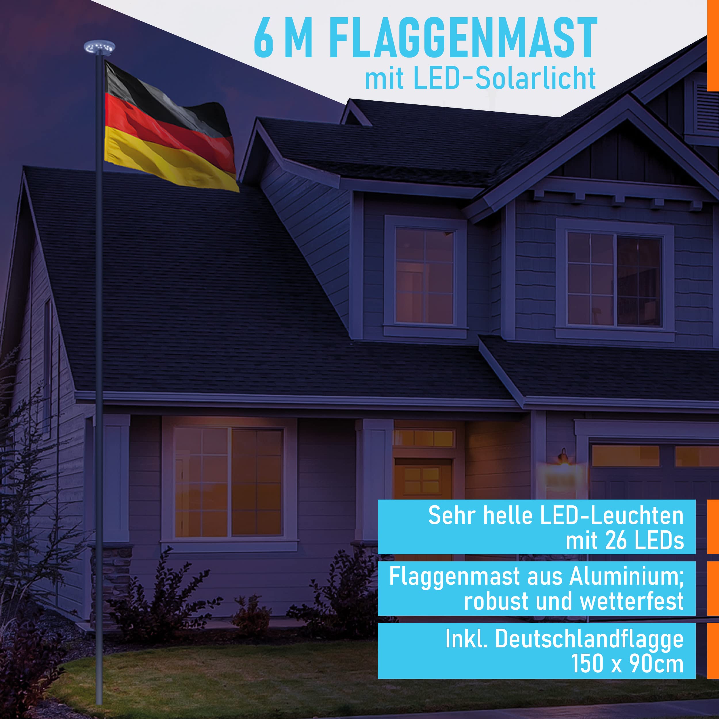 BRUBAKER 6 m Aluminium Fahnenmast inkl. Deutschland Flagge und Solar Licht
