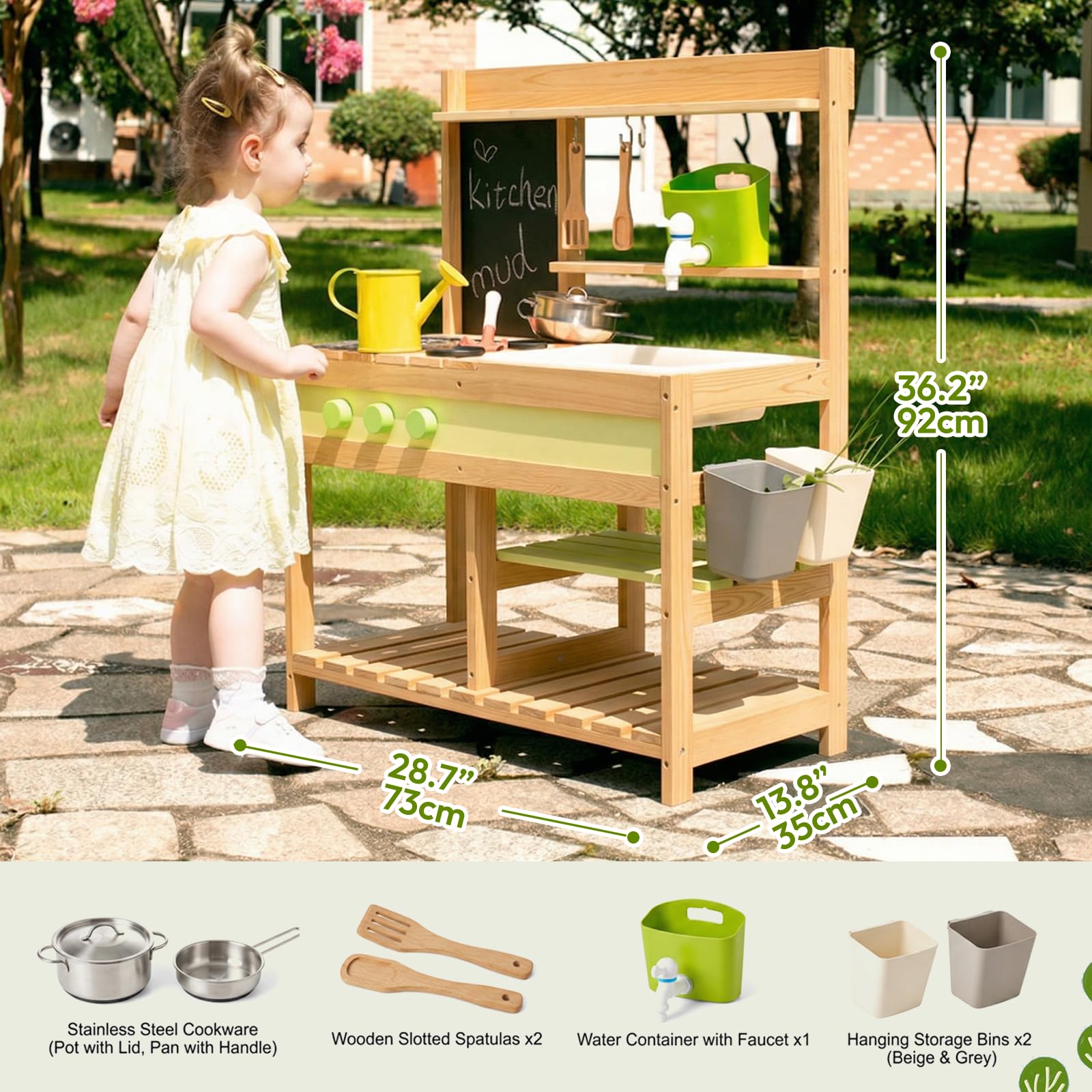 Gaint Bean Outdoor-Matschküche aus Holz für Kinder von 3-8 Jahren | Spielküchen-Set für Jungen und Mädchen – Innen- und Außenaktivitäten mit Wasserspüle