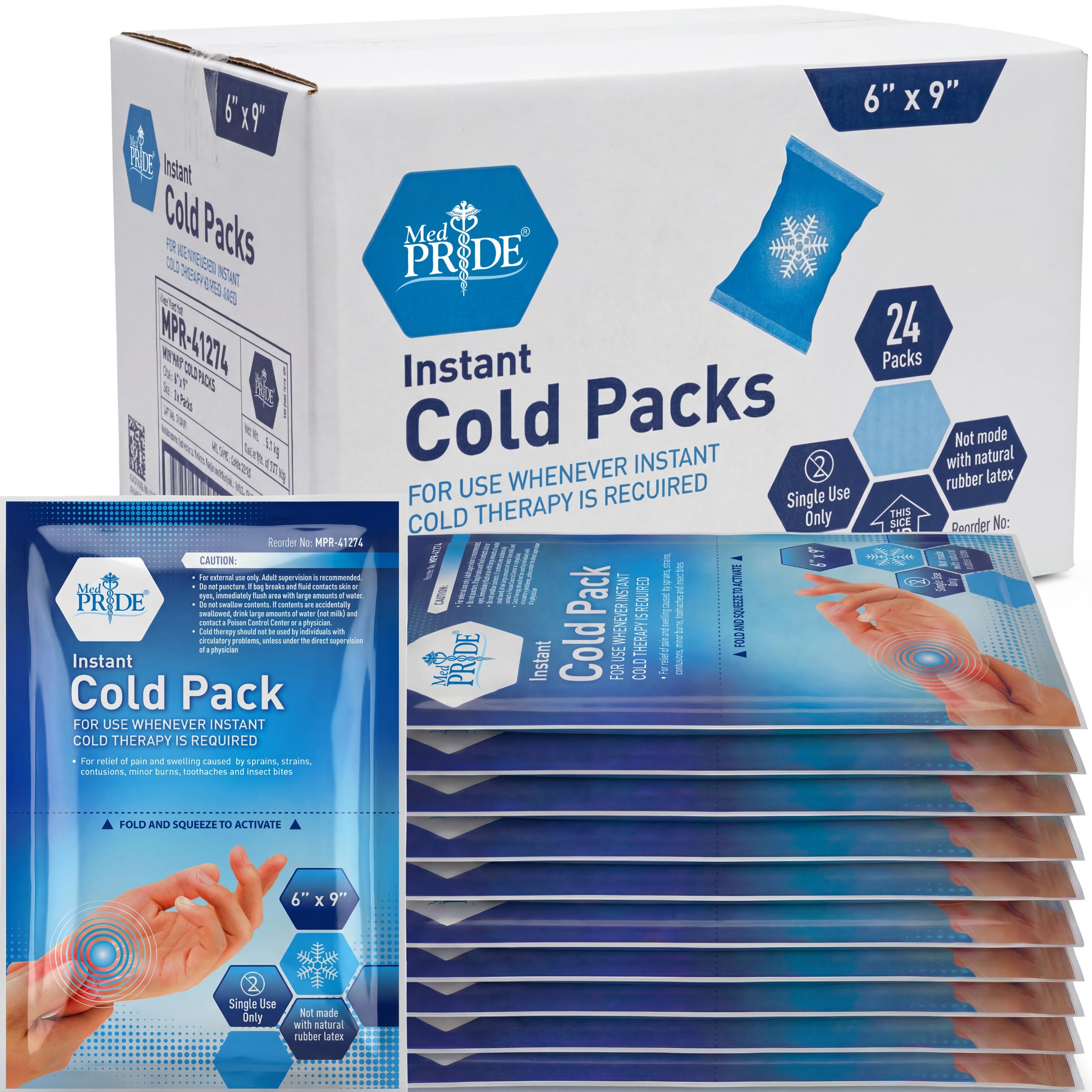 MED PRIDE Disposable Instant Cold Packs for First Aid, Pain Relief, Swelling, Sprains, Injuries, No Freezer Needed (6x9 Inch (Pack of 24) Clear)