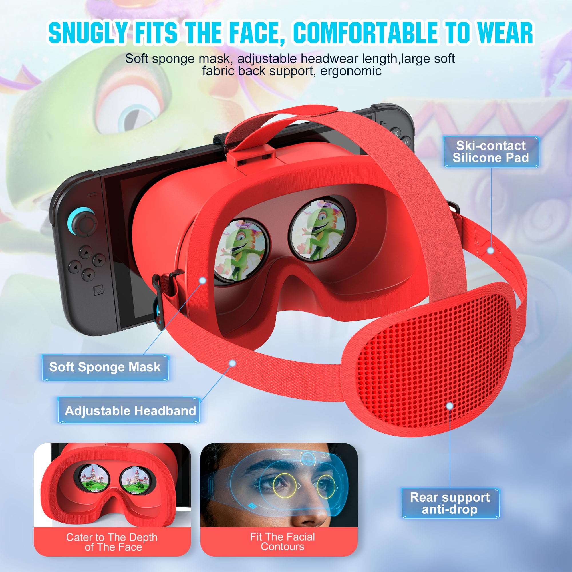 Auriculares VR para Nintendo Switch 2 (2025), lentes HD ajustables y cómoda correa para la cabeza para gafas de realidad virtual SW2, gafas 3D para accesorios Switch 2 (azul rojo)