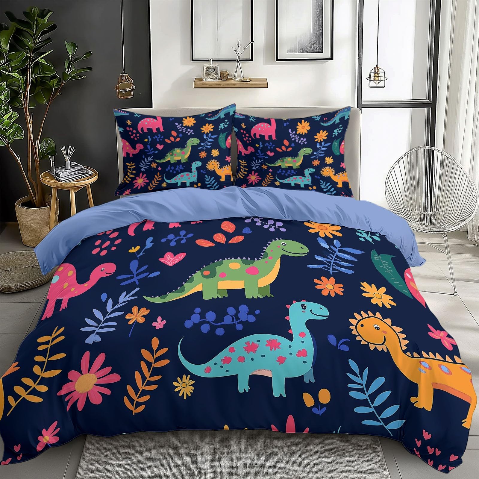 California King Duvet Cover Cartoon Dinosaur Flowers Cal King Bedding Duvet Cover Set, 3 Pieces, Soft and Breathable Comforter Cover with 2 Pillow Shams, for All Season