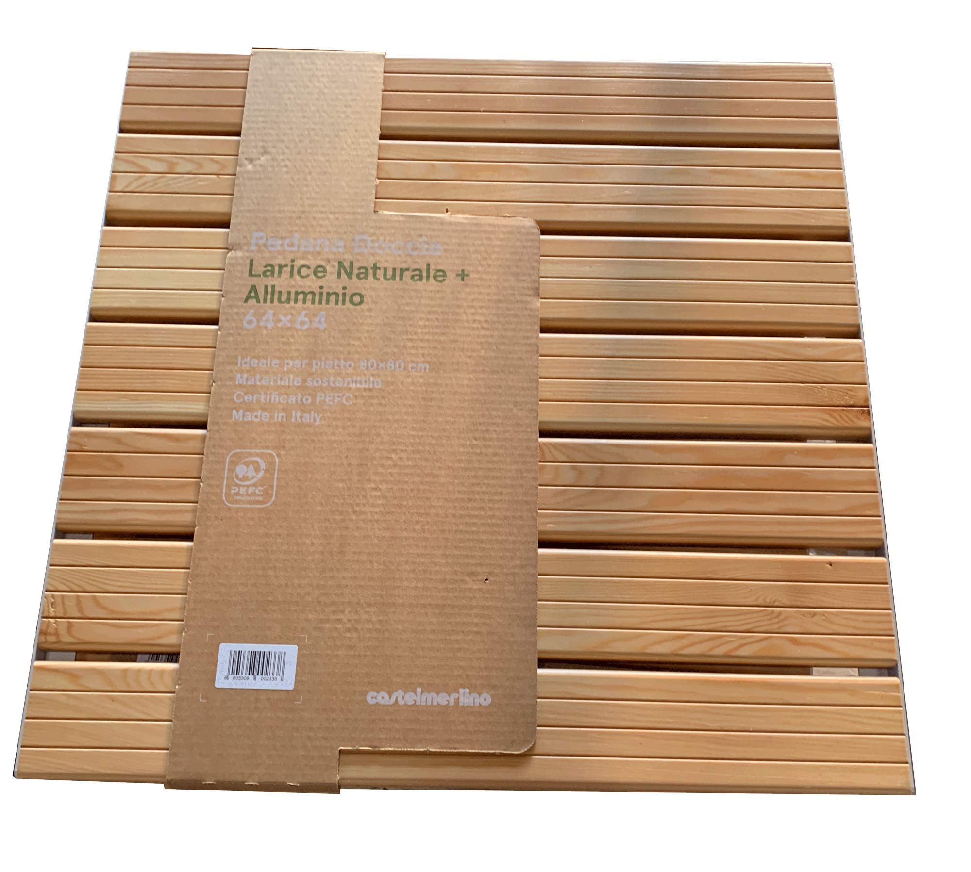 Castelmerlino Tarima para ducha en alerce con lamas confort y perfiles de aluminio 64x64 cm para platos 80x80 cm