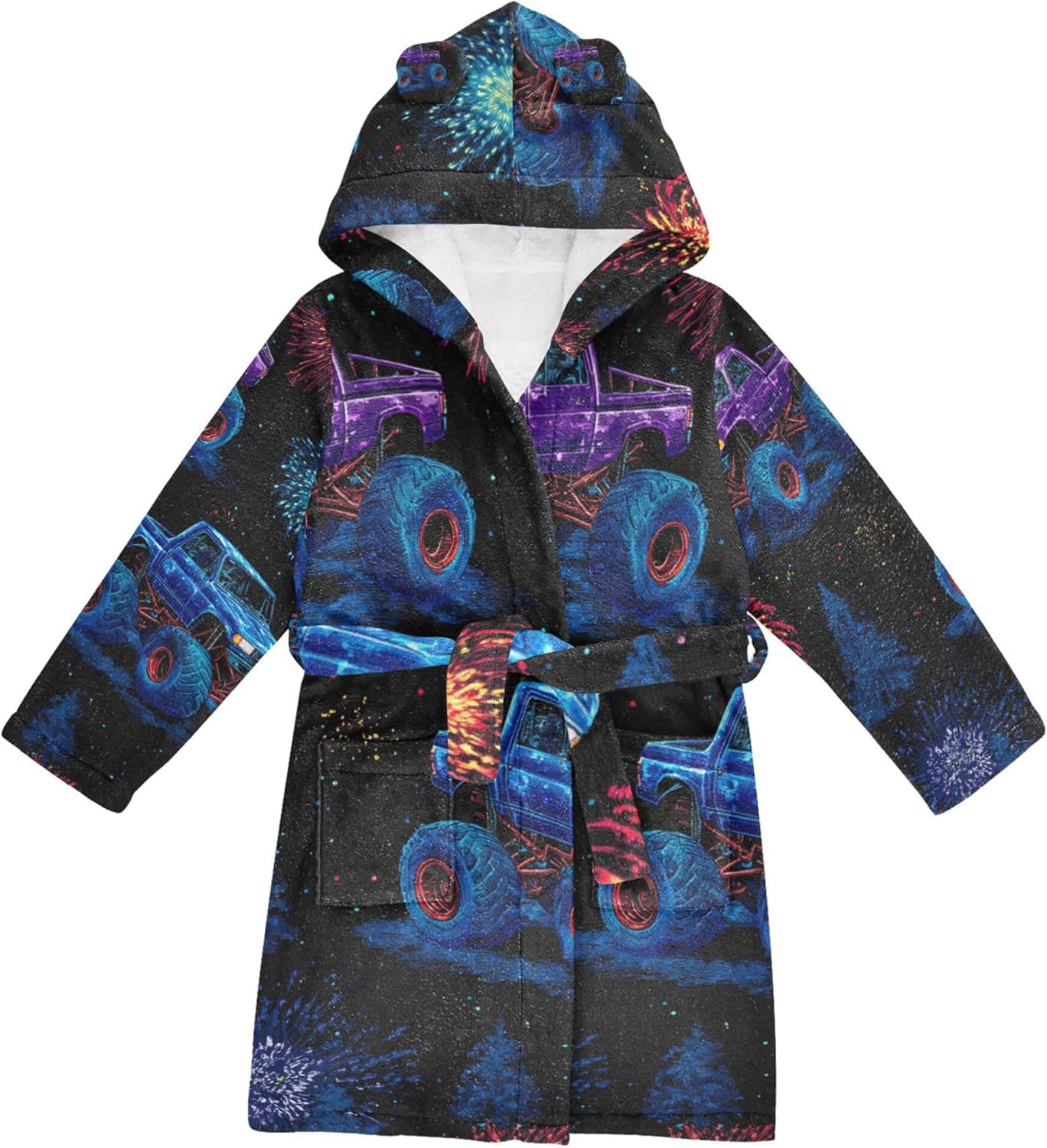 Firework Monster Truck Bathrobe Hooded PJ Robe Soft Fleece Robe Pajama Sleepwears 2-12 Years