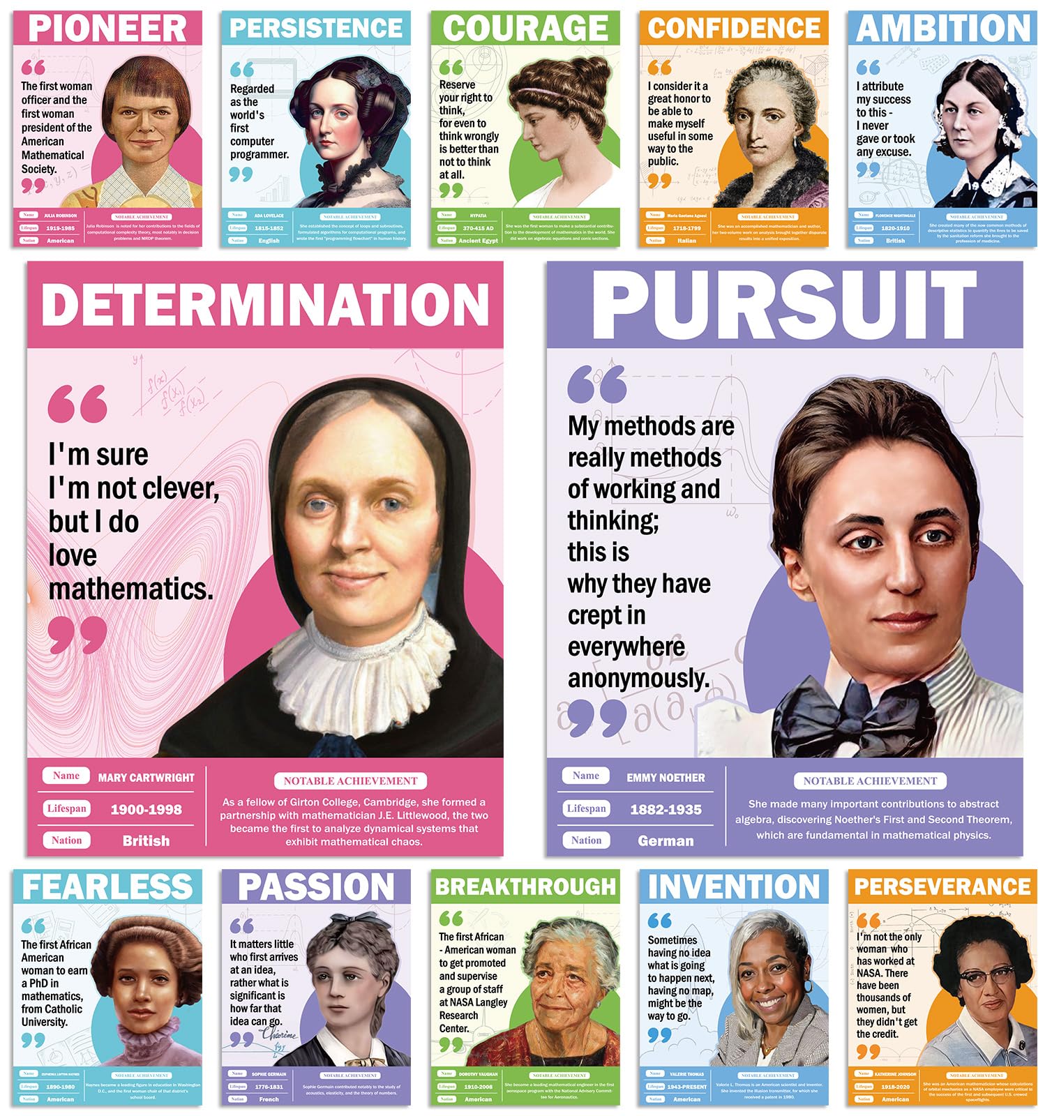 gisgfim 12Pcs Famous Women Mathematicians Posters for Classroom 14 x 11 Inch Inspirational Quote Math Bulletin Board Posters Math Wall Art Decorations for Middle High School College Library Room
