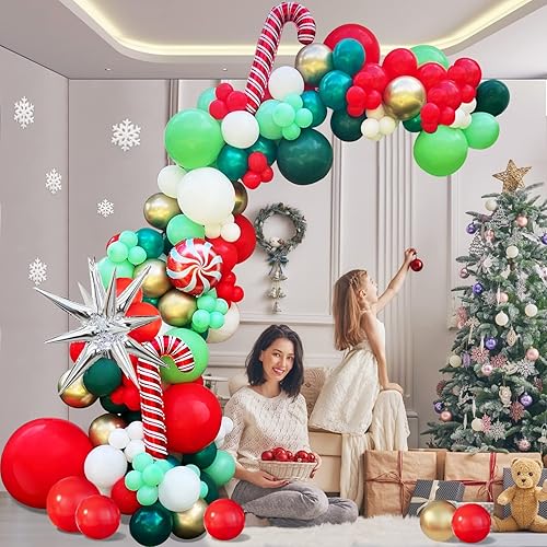 Miniatura 8 de CboDeco Kit de arco de guirnalda de globos de Navidad con globo rojo, verde oscuro, blanco, dorado, verde lima, globo de bastón, globo plateado