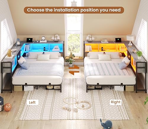 Miniatura 7 de Hasuit - Base de cama esquinera de tamaño matrimonial con cajones de almacenamiento y cabecera con estantería, plataforma de metal, estación de