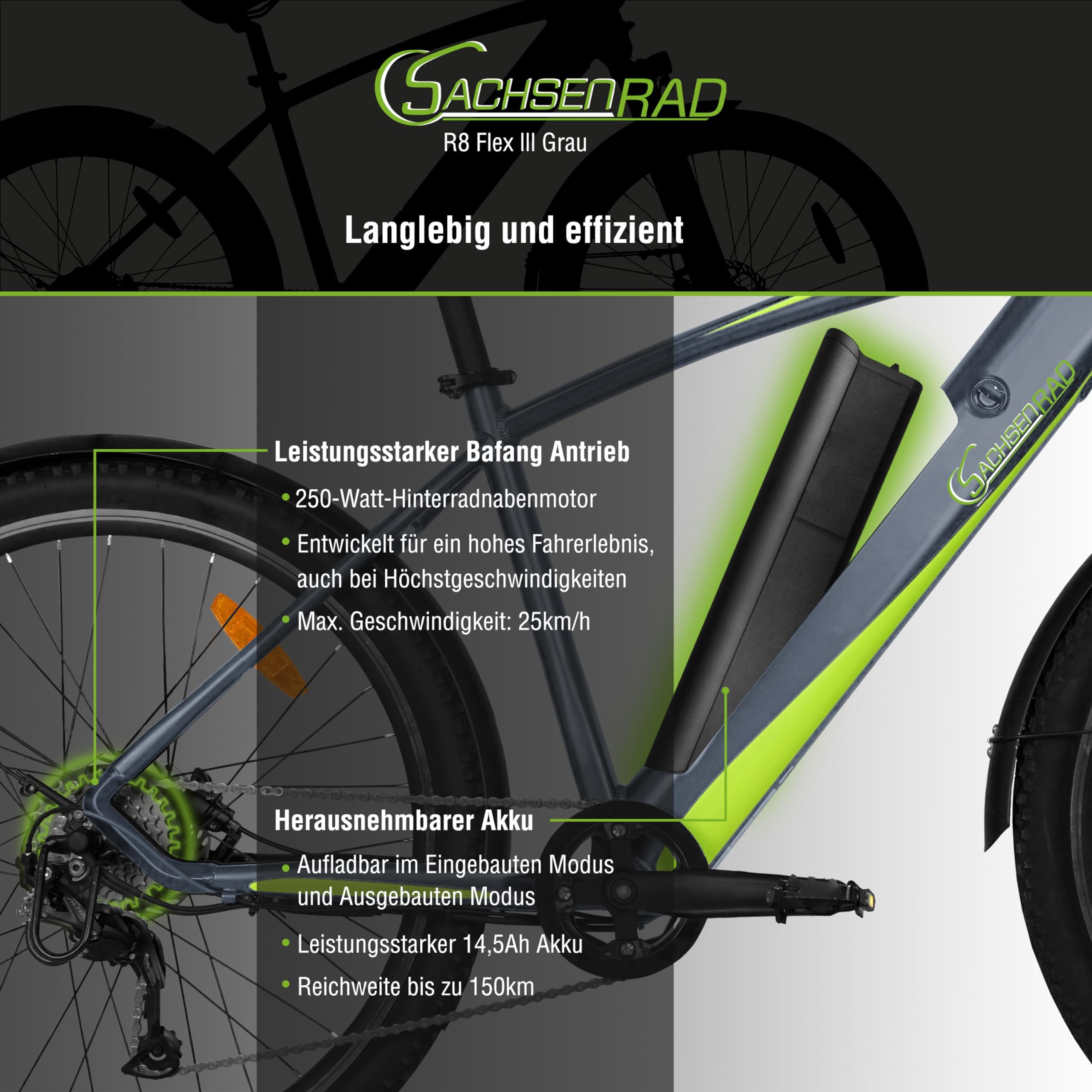 Mountain ebike E-Racing R8 Flex III,Vélo électrique 27,5 pouces,9 Vitesse E-bike,Vélo VTT 14,5 Ah,Jusqu'à 150 km Vélo électrique pour homme et femme adulte,Gris