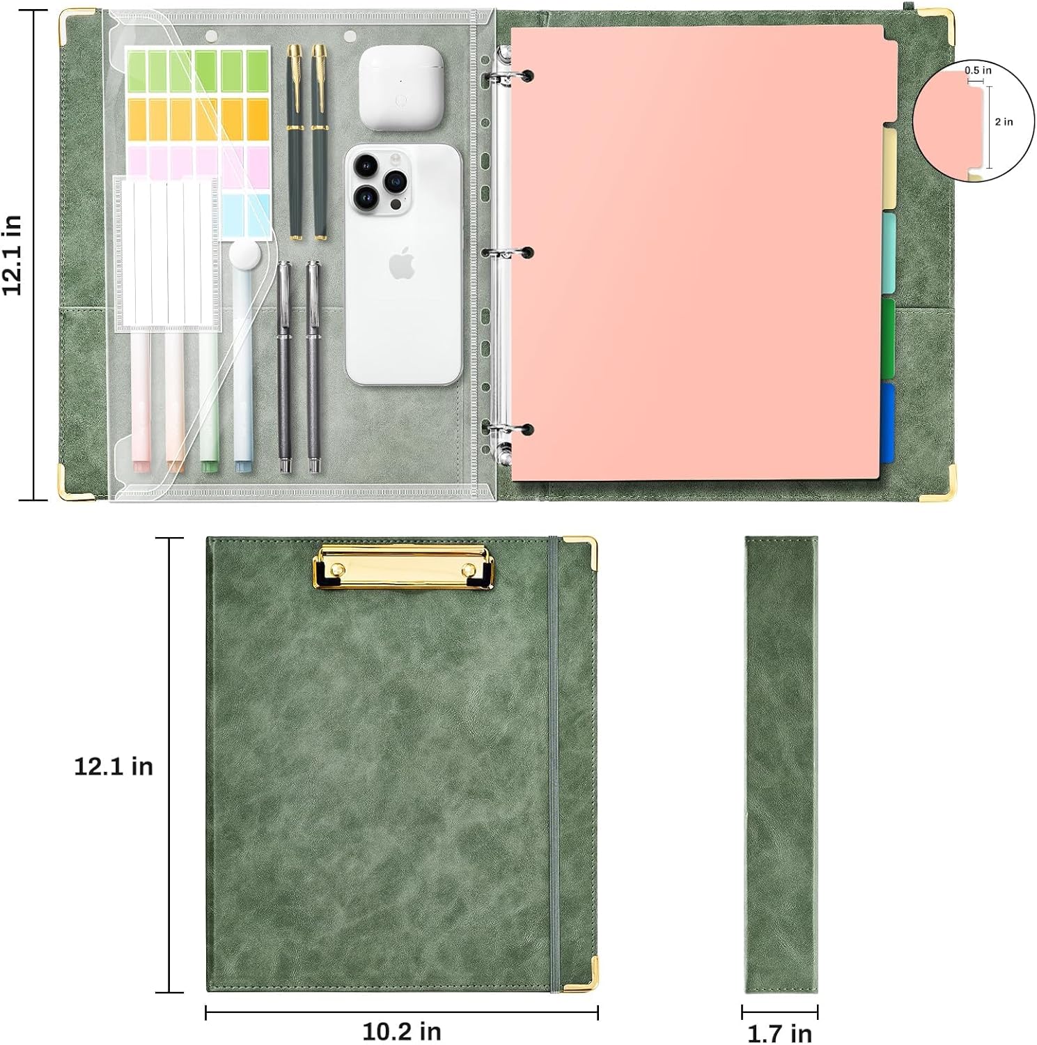 Ovesmusl 1 Inch 3 Ring Binder with Clipboard Leather Round Ring Binder with 5 Dividers, Plastic Folder, 400 Divider Stikers, Fits 175 Sheets 8.5"x11" Letter Size Paper
