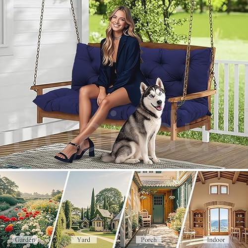 Miniatura 6 de Cojines de columpio de repuesto impermeables de 3 plazas con respaldo y 8 lazos gruesos de 4 pulgadas, cojín de banco de repuesto para muebles de