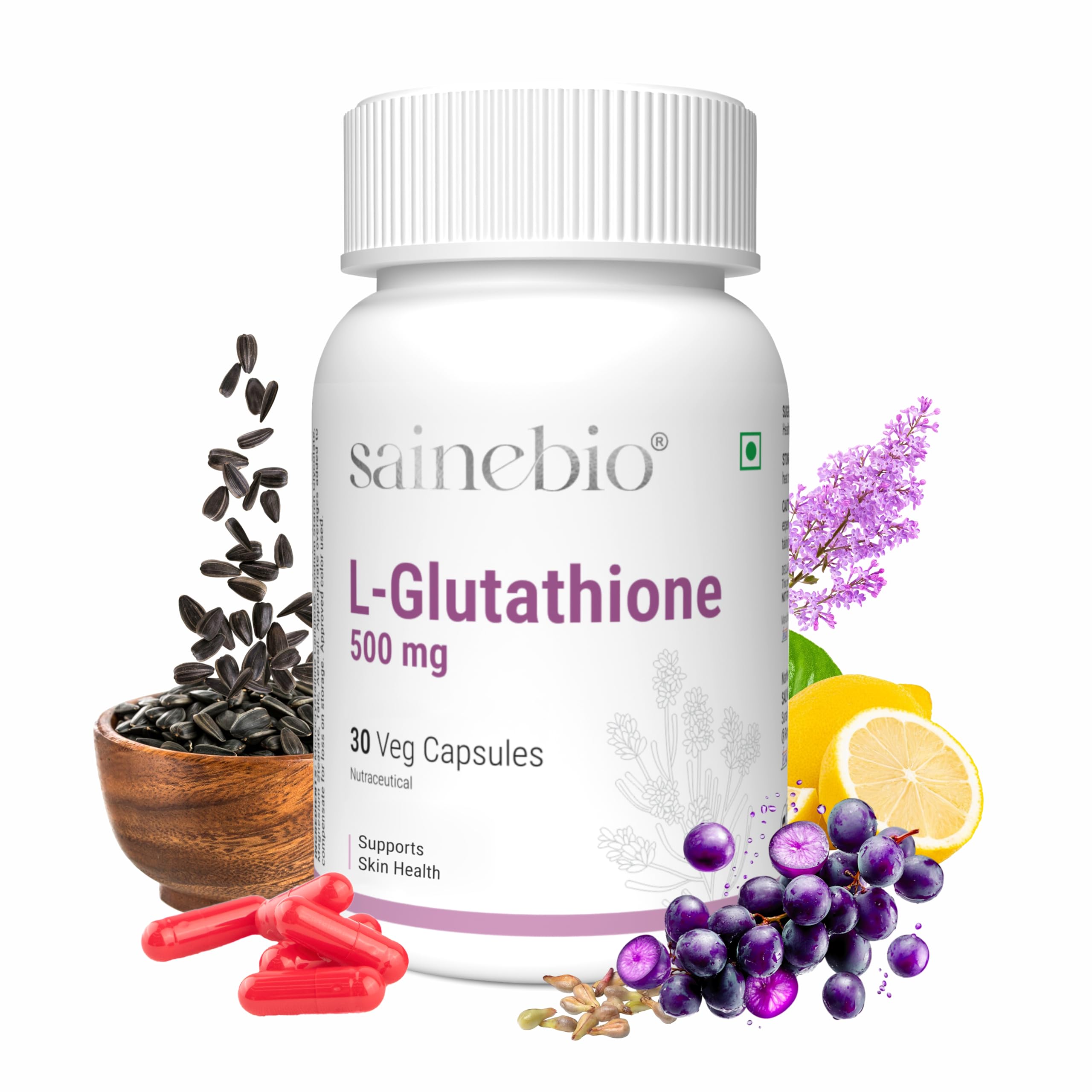Sainebio L-Glutathione 500 mg – Antioxidant Complex with Vitamin C, E, Alpha Lipoic Acid, Grape Seed Extract & Hyaluroni
