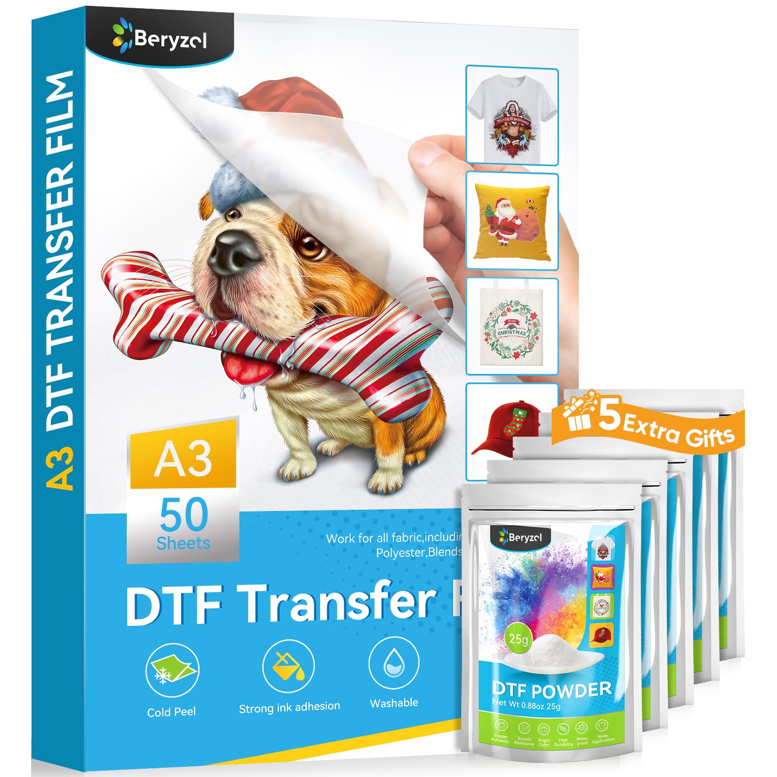 DTF Transfer Film: A3 50 Sheets (11.7" x 16.5"), DTF Transfer Film for Sublimation & DTF Printer and 125g DTF Transfer Powder, for DIY Direct Print on T-Shirts Textile