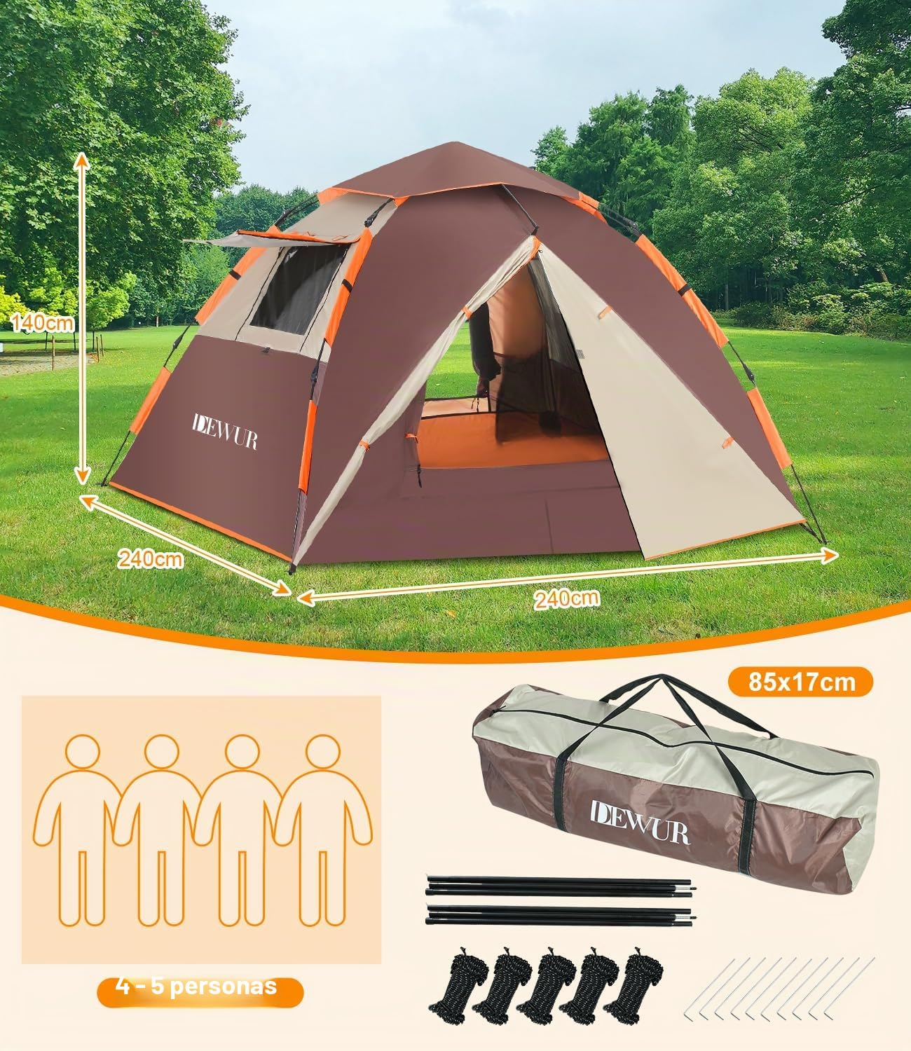 Dewur Tienda de campaña para 4 personas, impermeable, resistente al viento, con 2 puertas de malla, ventana 2 en 1, doble capa, bolsa de transporte para camping, senderismo