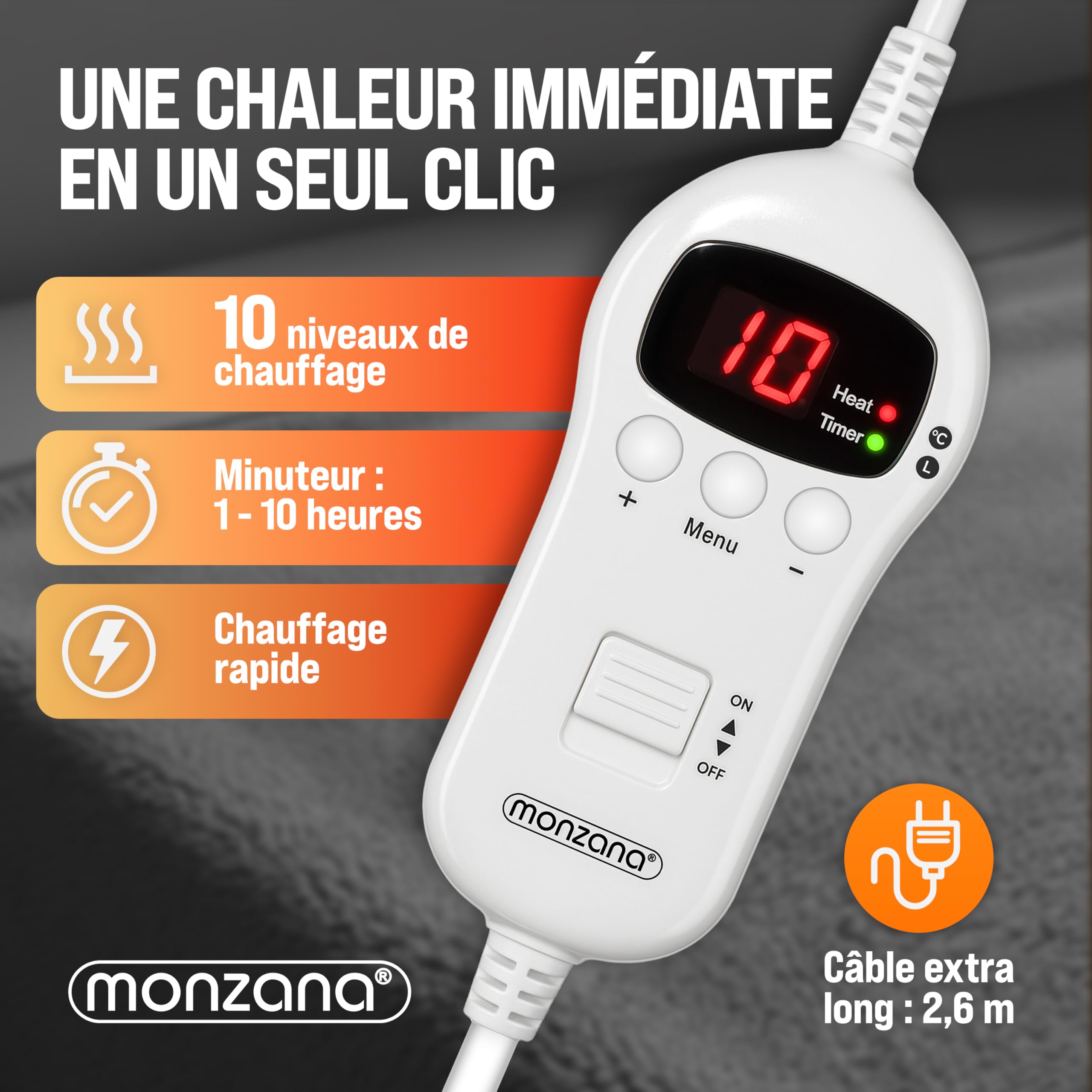 Monzana® Couverture chauffante 180x130cm 2 Places 120W 10 Niveaux de Chauffage minuteur Protection Anti-surchauffe surmatelas Chauffant électrique