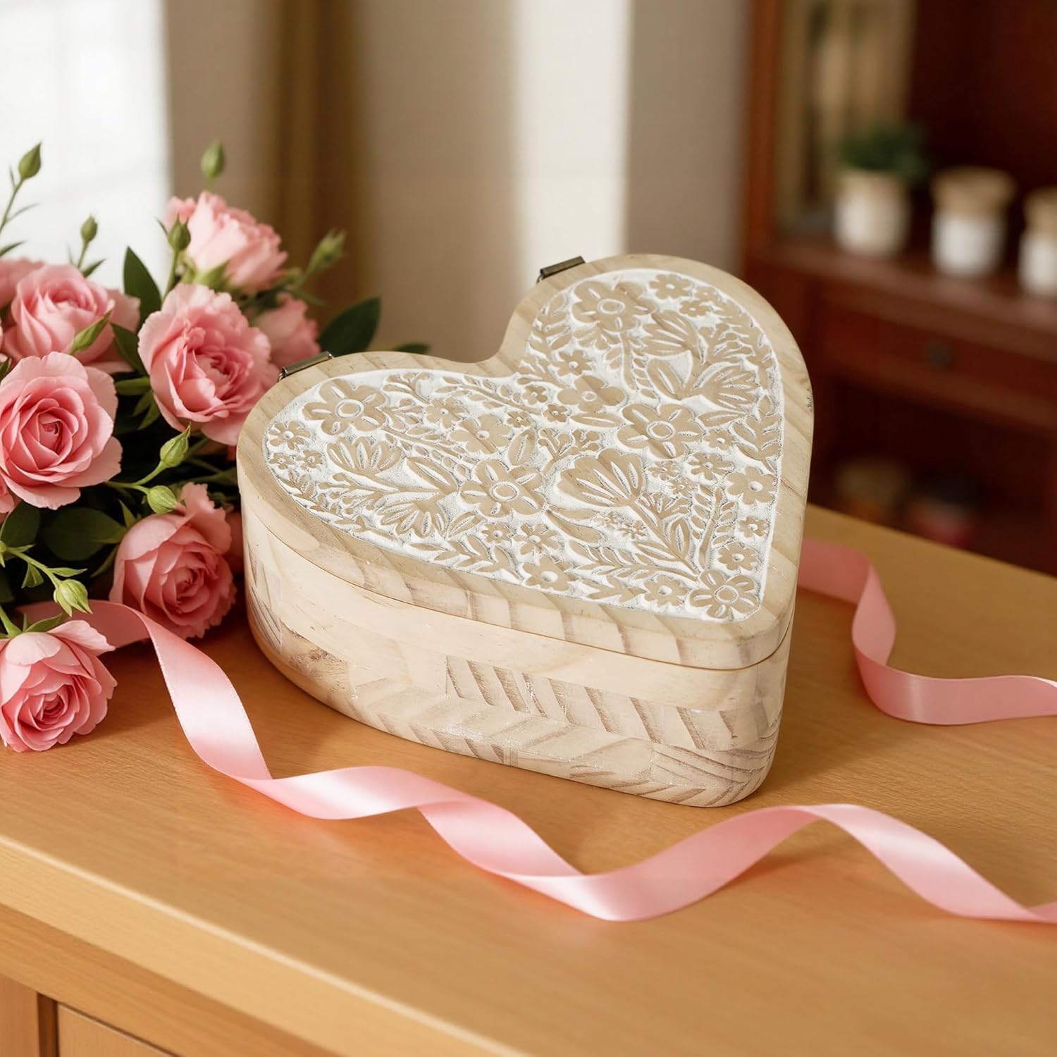 Heart Shaped Wooden Box with Hinged Lid, Decorative Box with Carved Flower, Wood Container Storage Box for Jewelry Trinket Keepsake Treasure, 8 x 7 x 3 Inches, Distressed White - Image 8