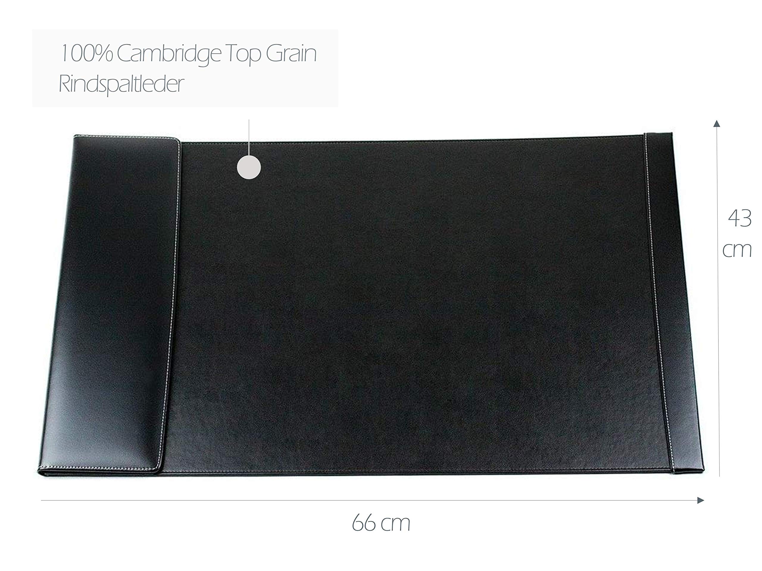 DELMON VARONE - Personalisierbare Schreibtischunterlage mit Klappleiste inkl. Block und Kalender 2026/2027, Cambridge Top Grain Leder schwarz, Rutschfeste Schreibunterlage abwaschbar 66x43 cm