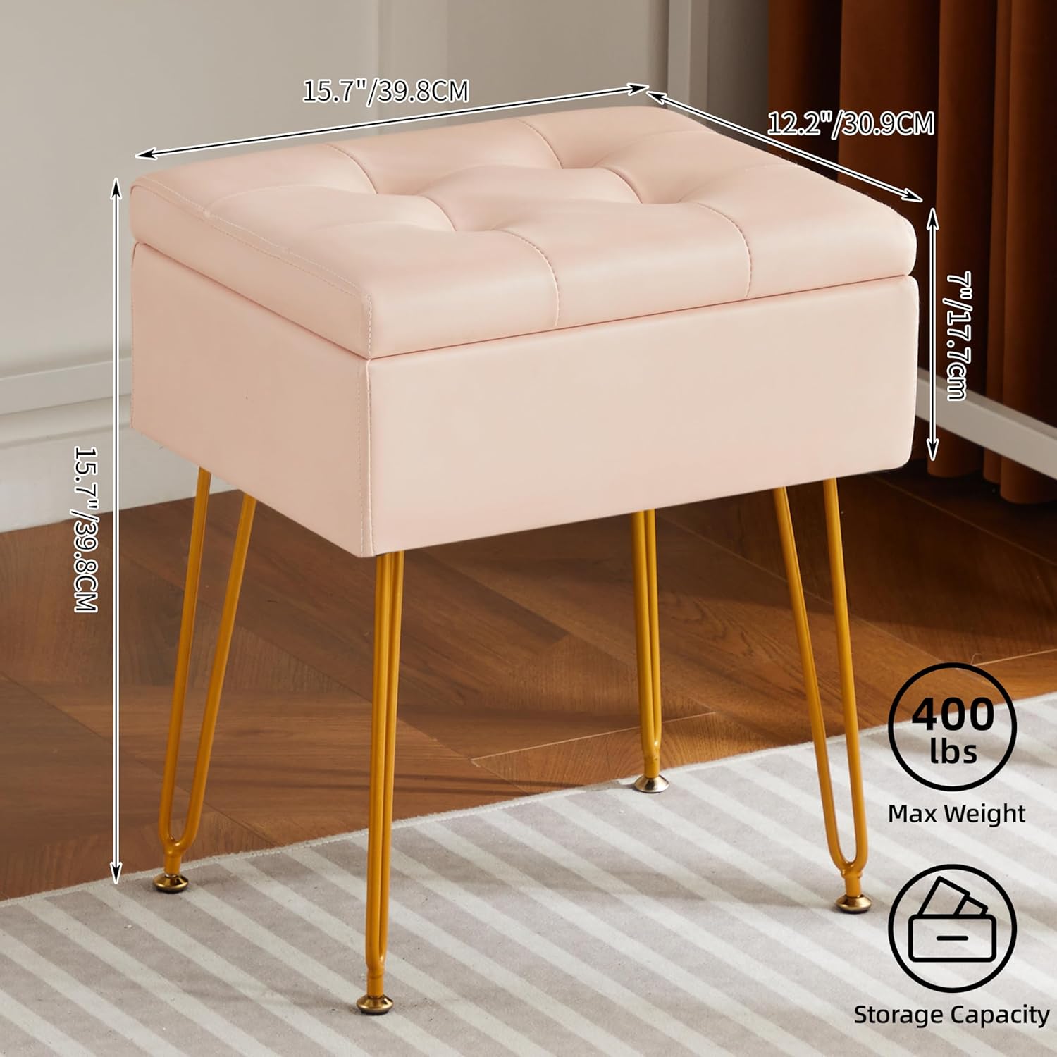 BETUXE® Vanity Stool Chair with Storage, Small Storage Ottoman Stool for Vanity Bathroom Bedroom, White Faux Leather Makeup Chair